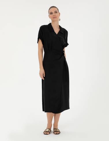 Siyah Comfort Fit Dokuma Elbise