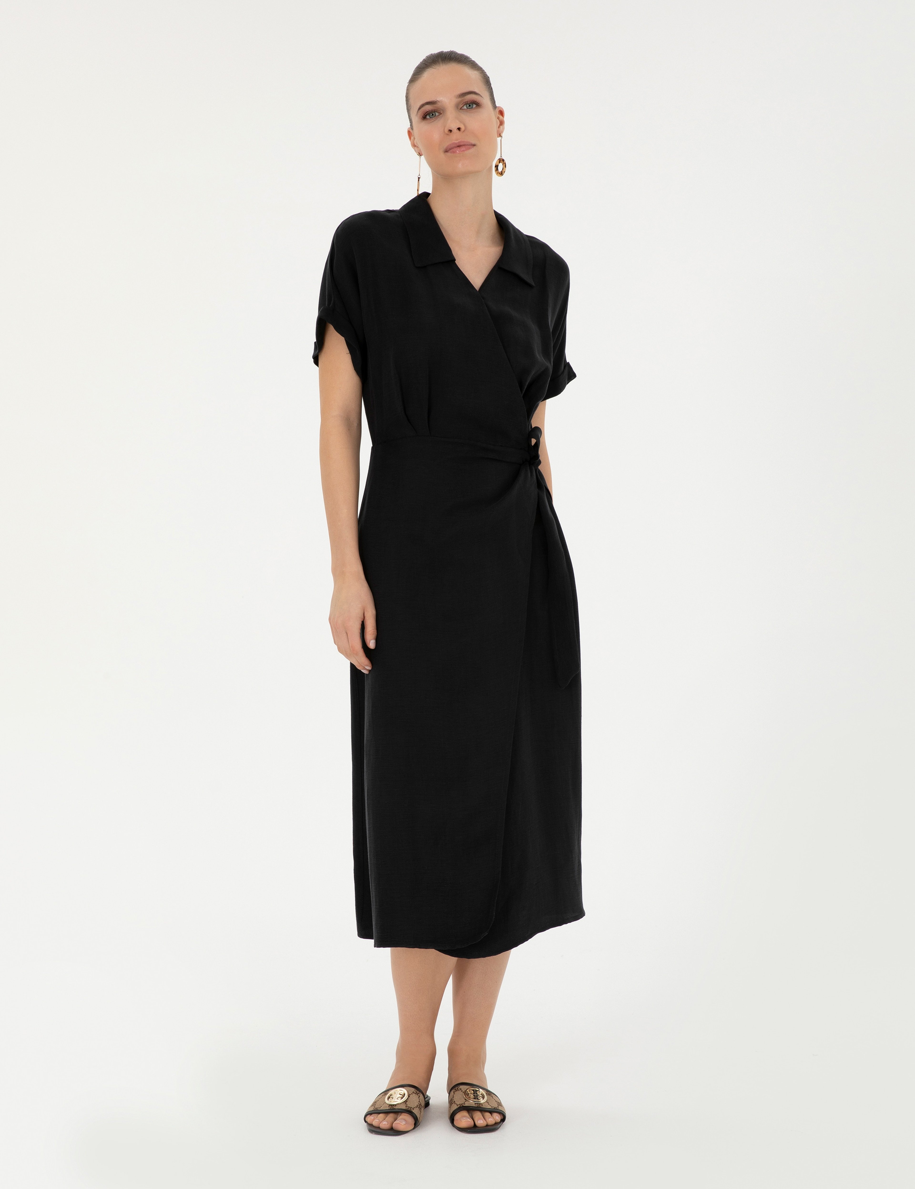 Siyah Comfort Fit Dokuma Elbise - Image 3