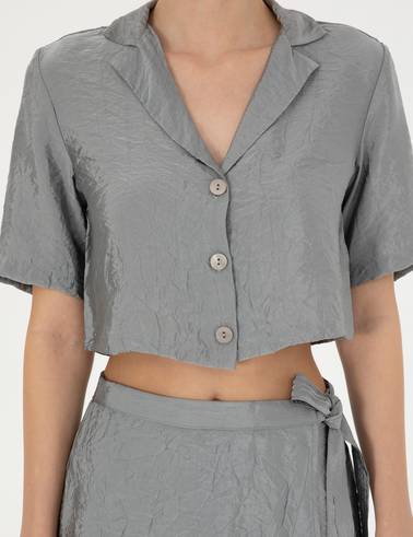 Gri Regular Fit Crop Top Kısa Kollu Gömlek