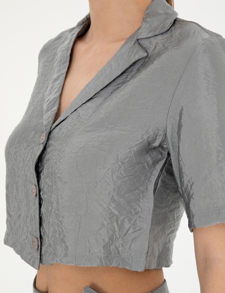 Gri Regular Fit Crop Top Kısa Kollu Gömlek - 50288783010