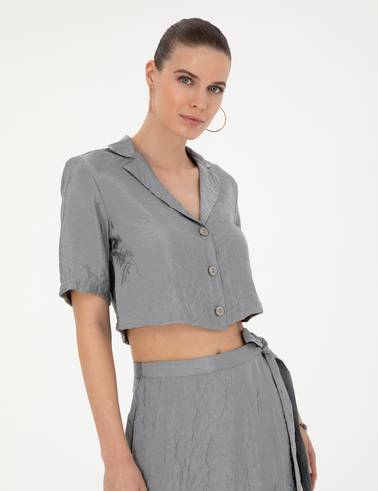 Gri Regular Fit Crop Top Kısa Kollu Gömlek
