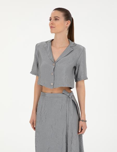Gri Regular Fit Crop Top Kısa Kollu Gömlek - 50288783010
