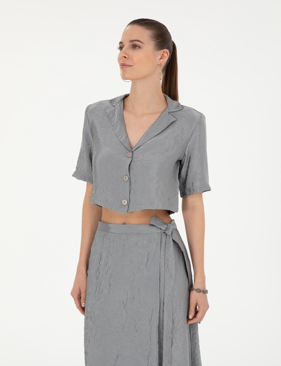 Gri Regular Fit Crop Top Kısa Kollu Gömlek