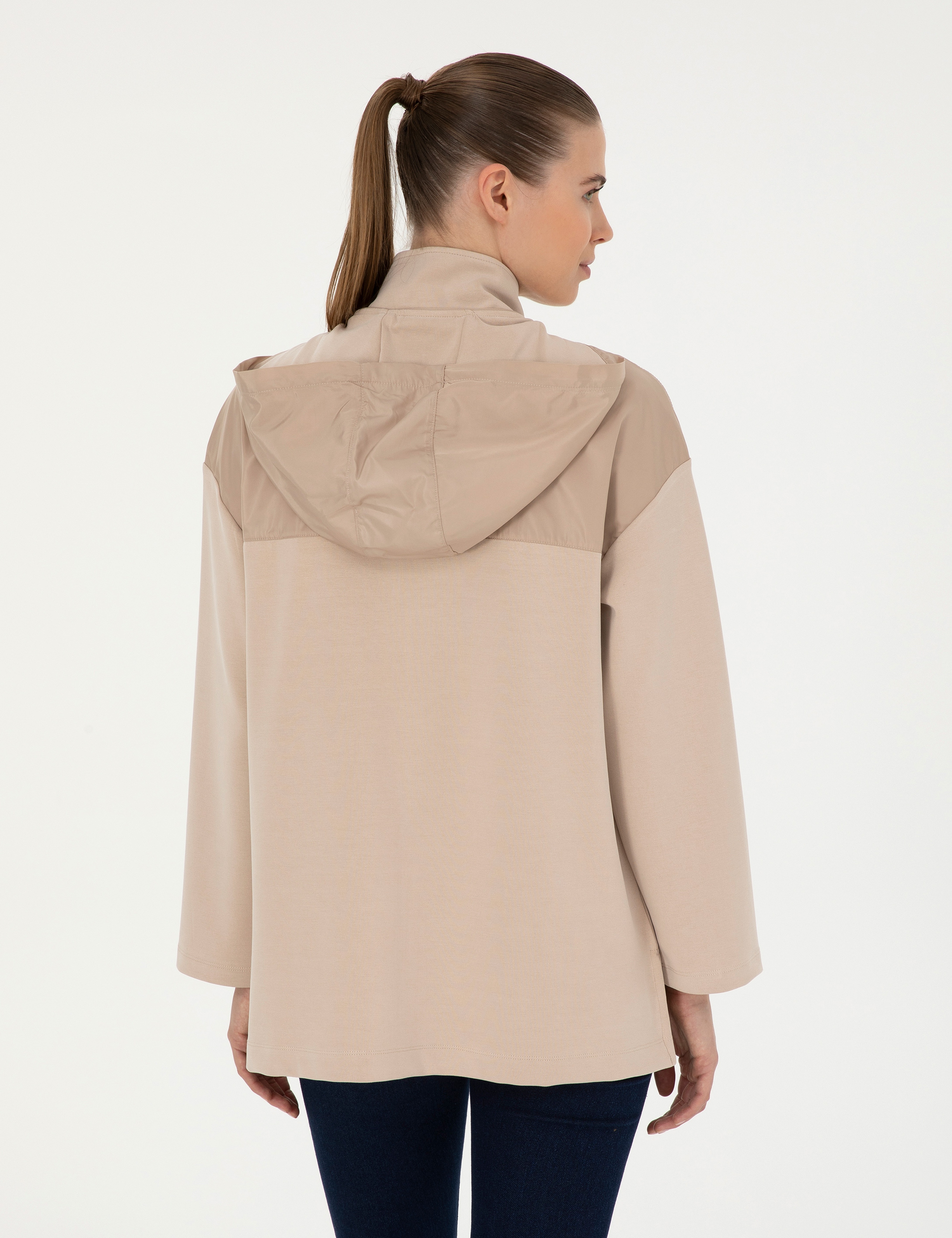 Bej Oversize Kapüşonlu Örme Hırka