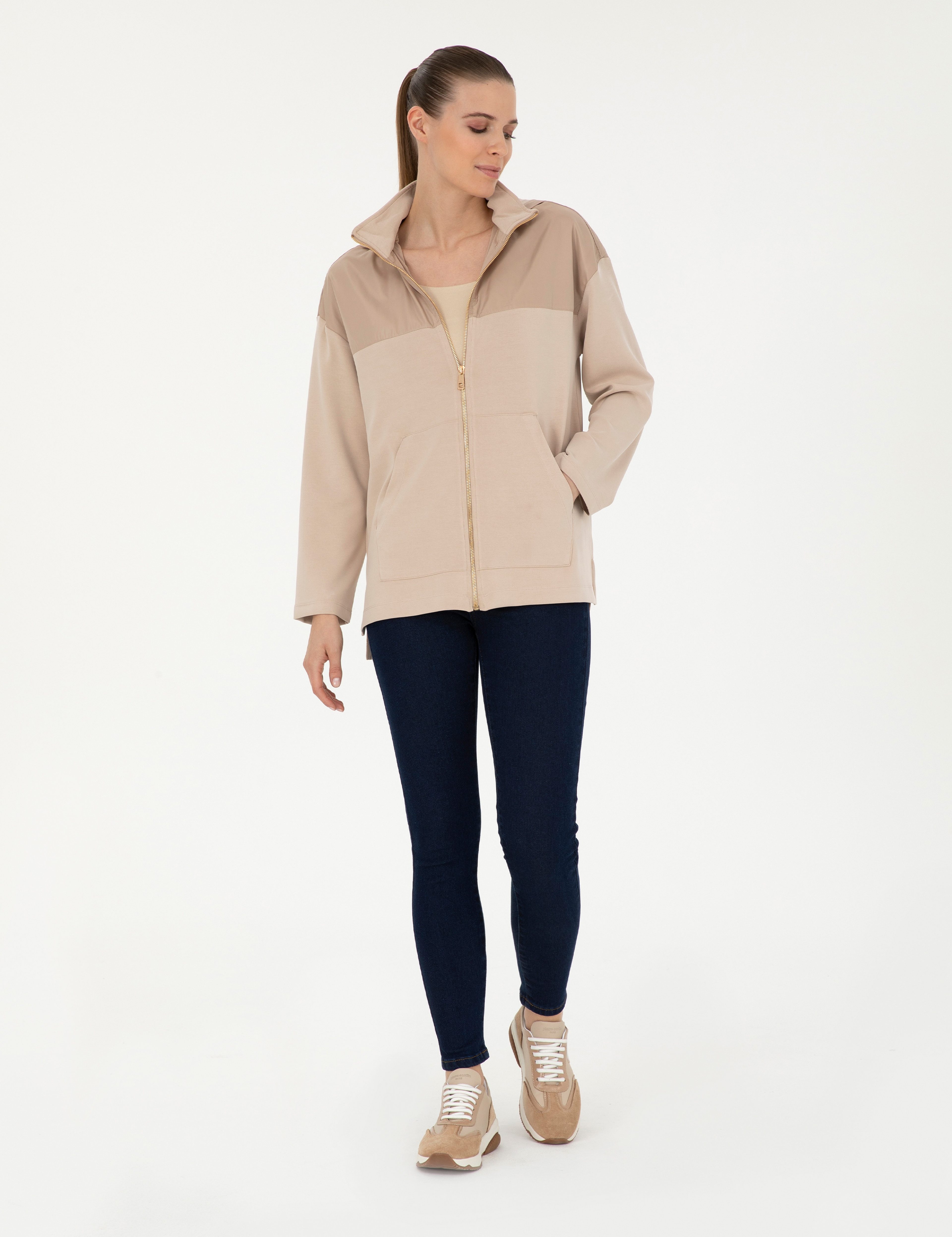 Bej Oversize Kapüşonlu Örme Hırka - Image 4