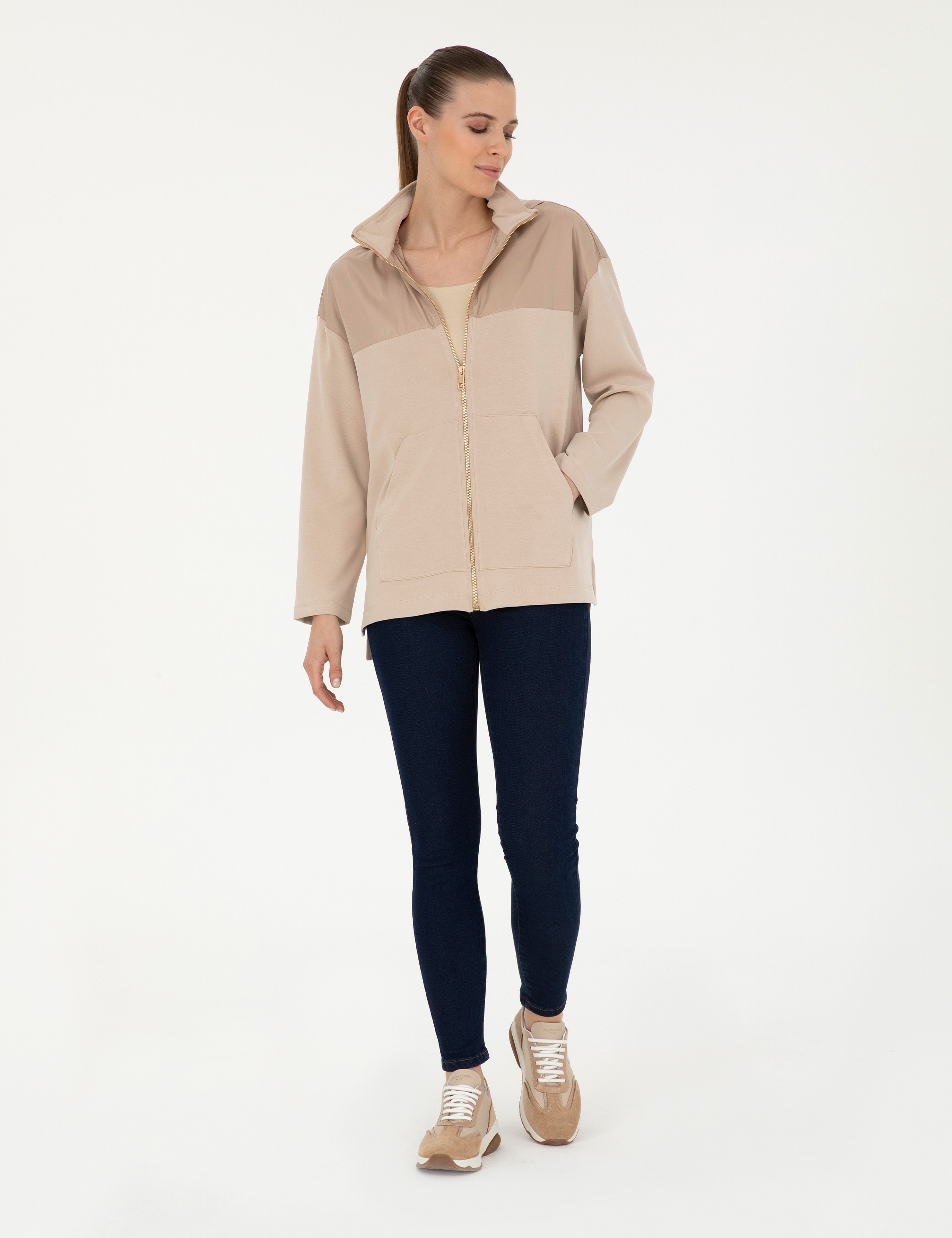 Bej Oversize Kapüşonlu Örme Hırka