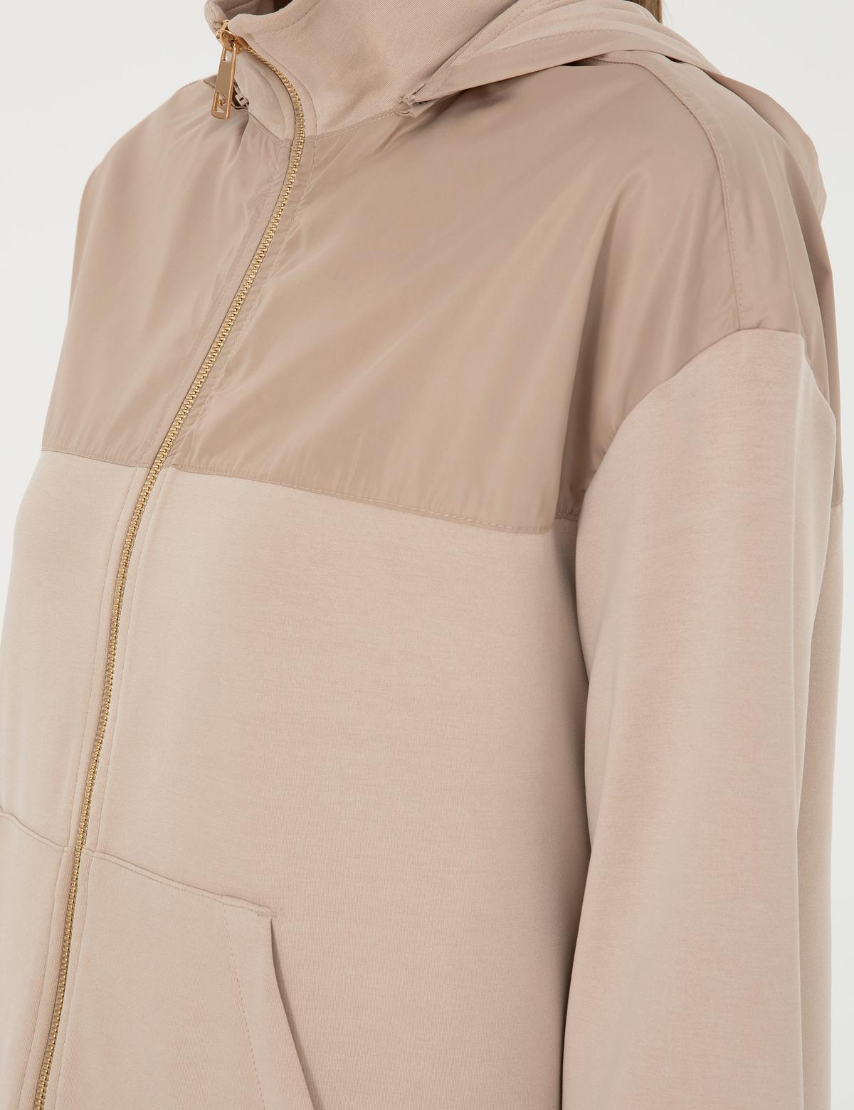 Bej Oversize Kapüşonlu Örme Hırka - 50283299003