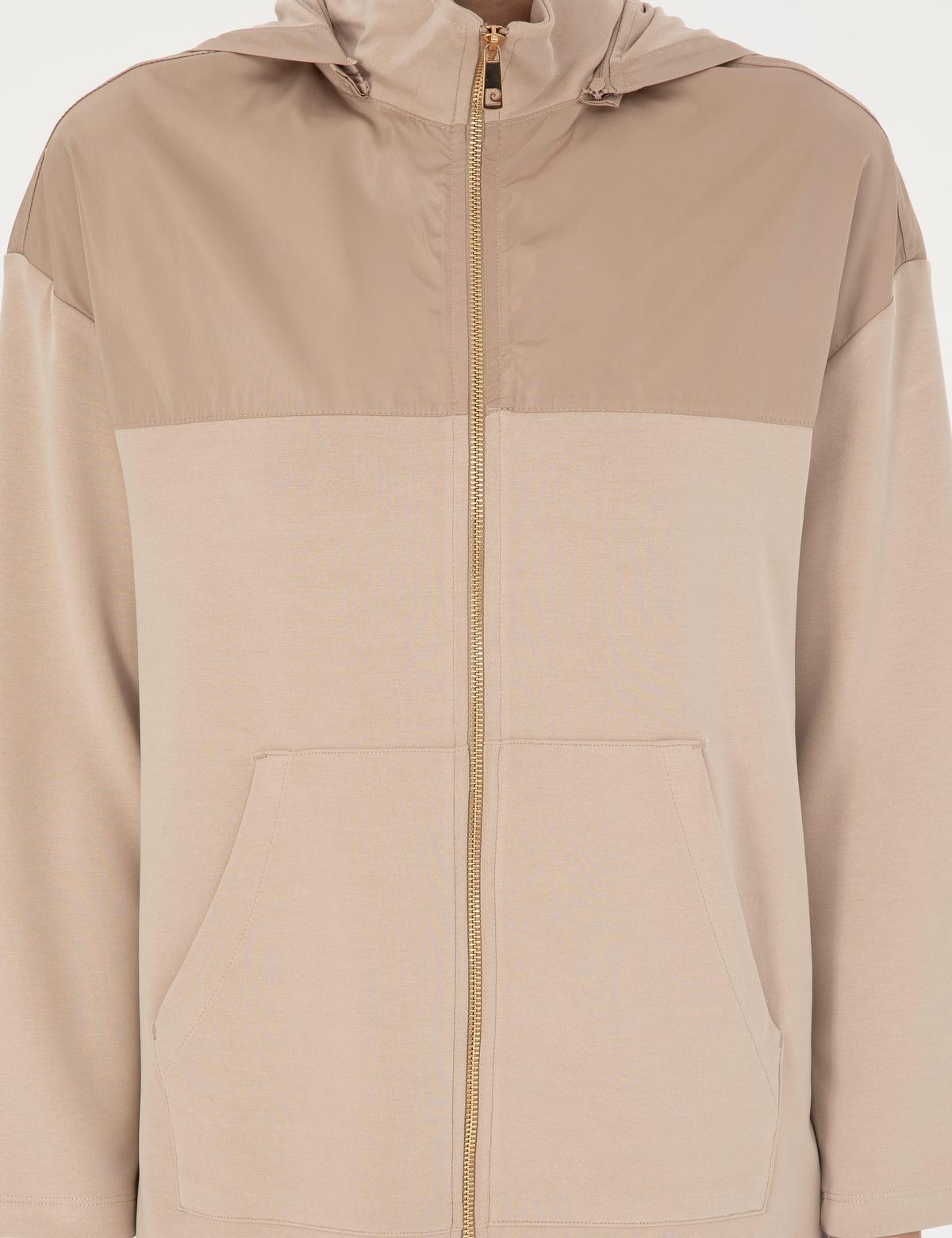 Bej Oversize Kapüşonlu Örme Hırka - 50283299003