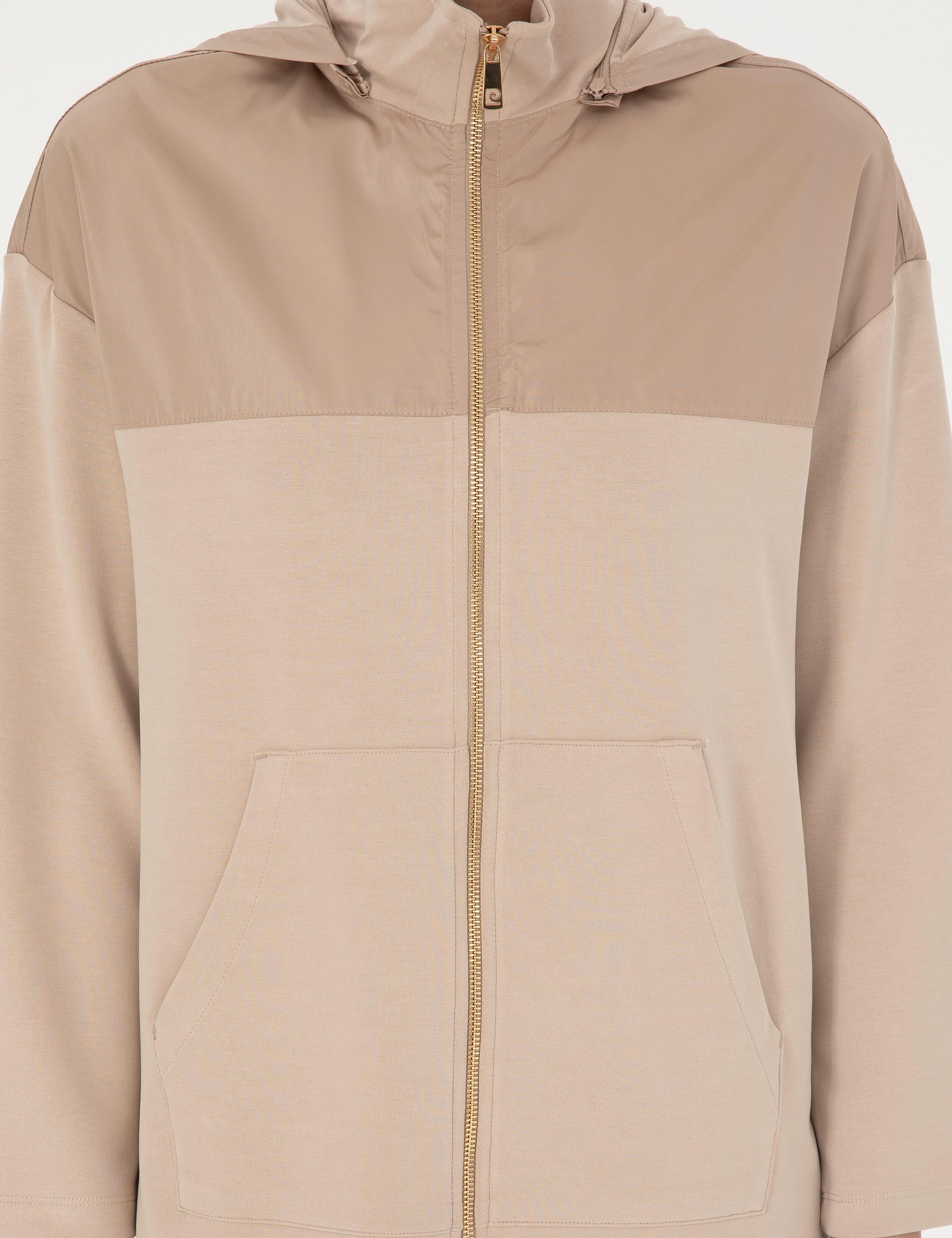 Bej Oversize Kapüşonlu Örme Hırka