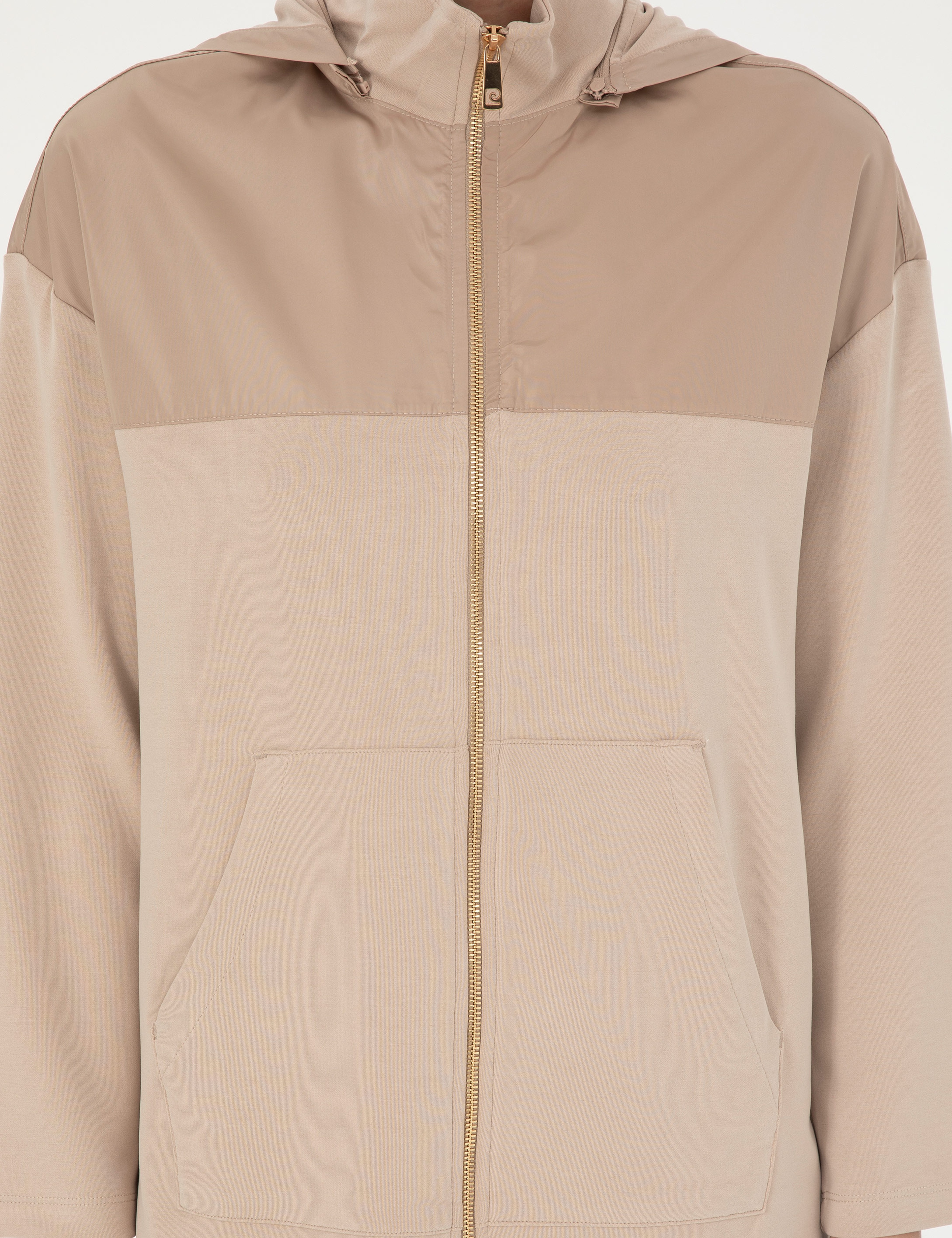 Bej Oversize Kapüşonlu Örme Hırka - Image 6