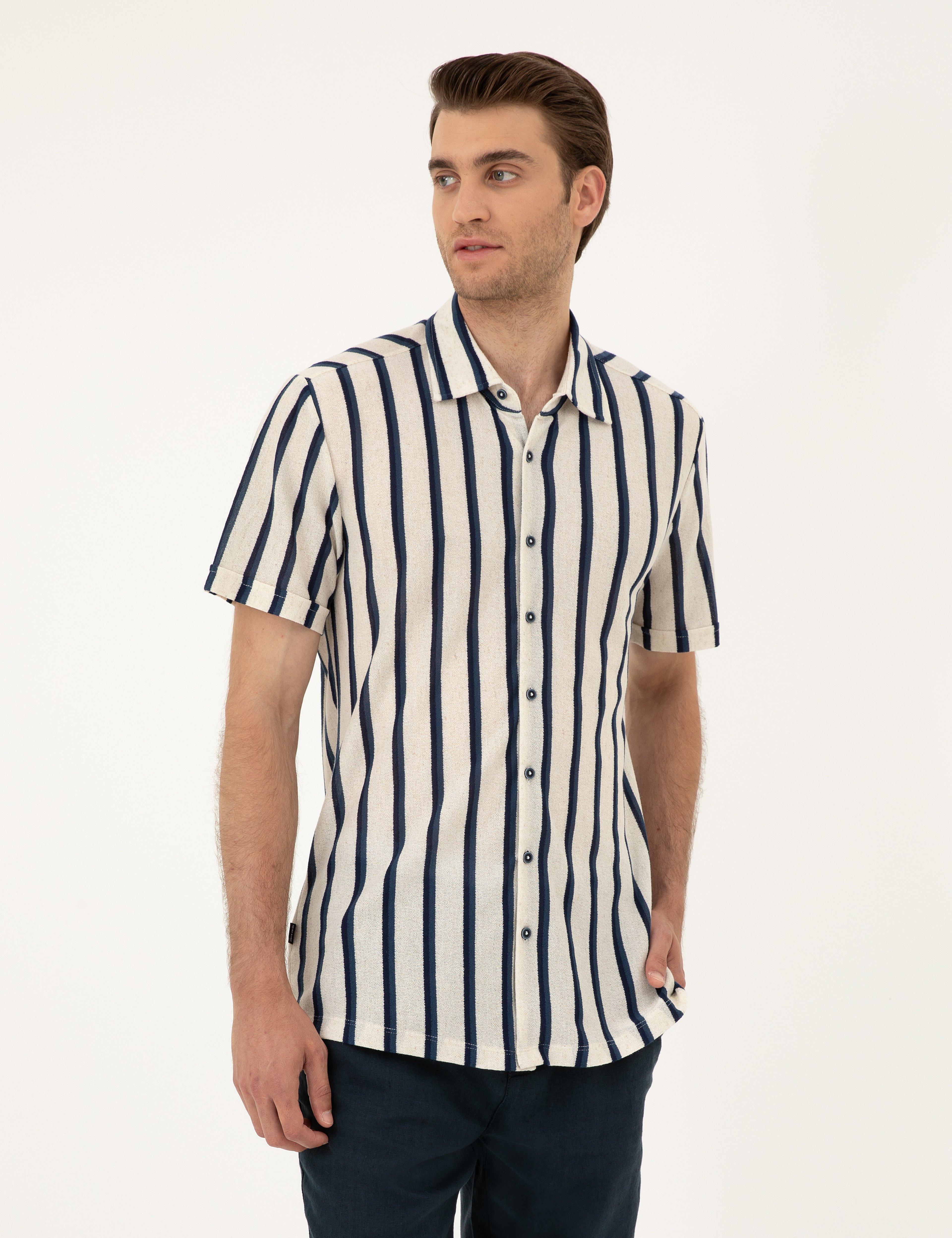 Bej Slim Fit Örme Gömlek - Image 1
