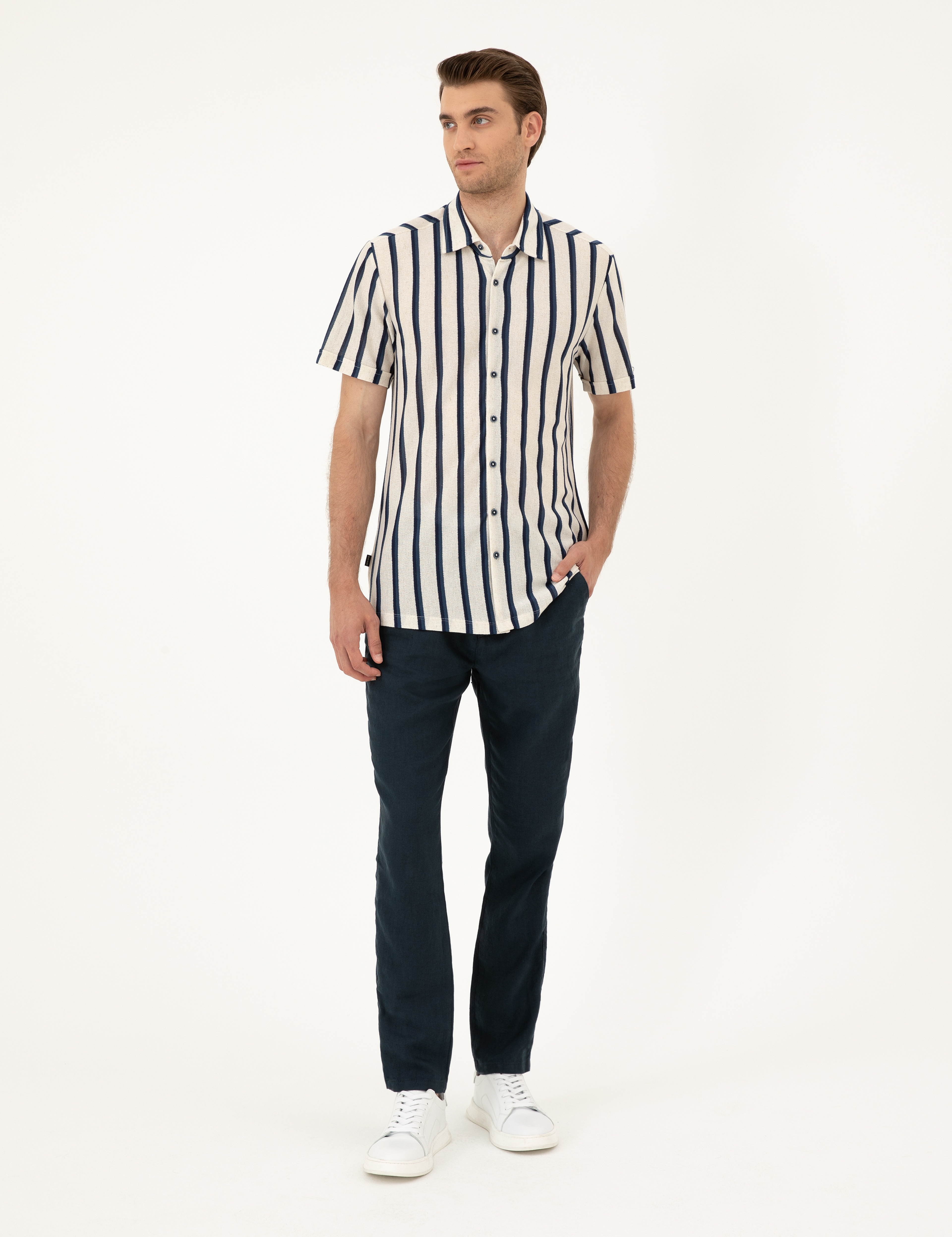 Bej Slim Fit Örme Gömlek - Image 4