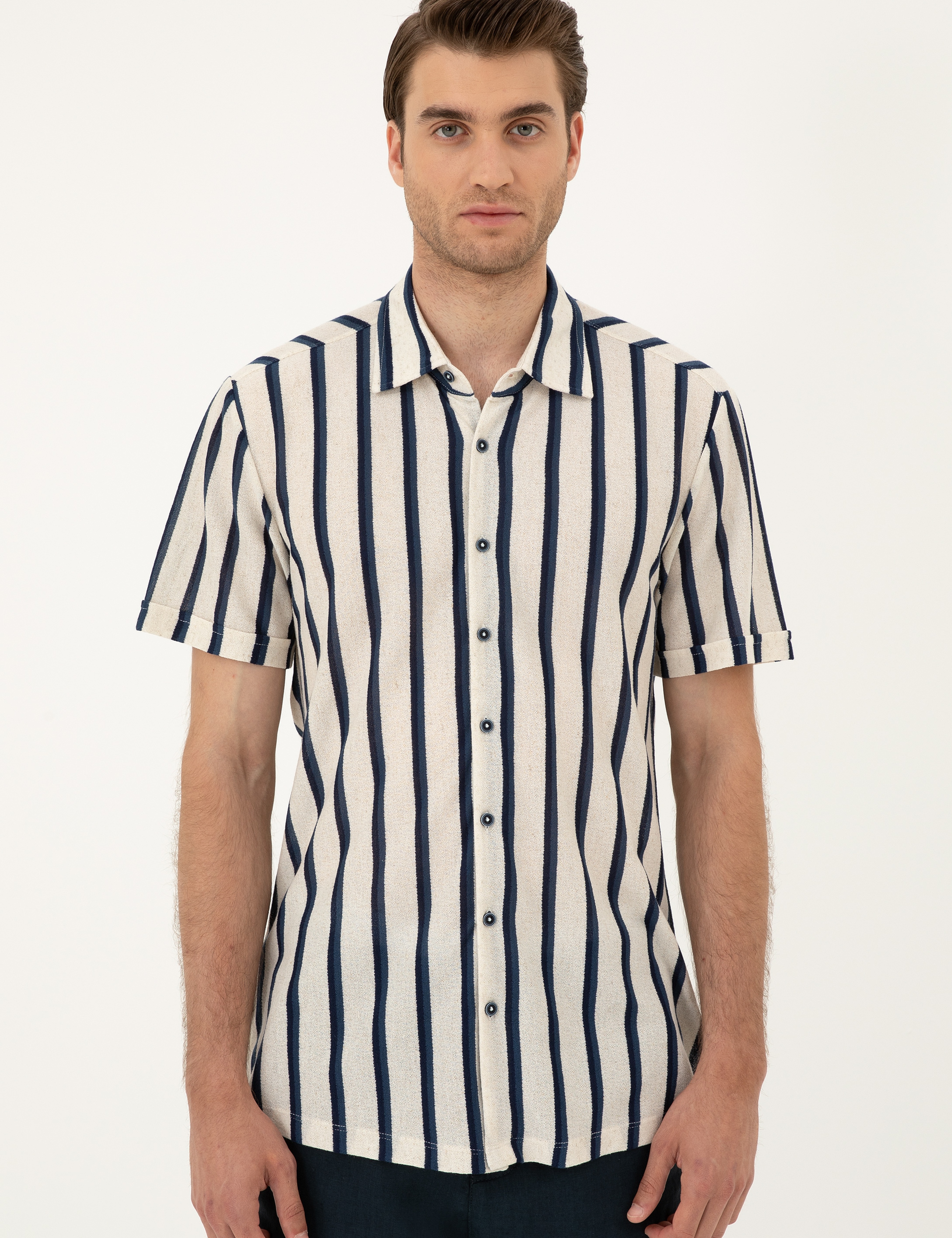 Bej Slim Fit Örme Gömlek - Image 3