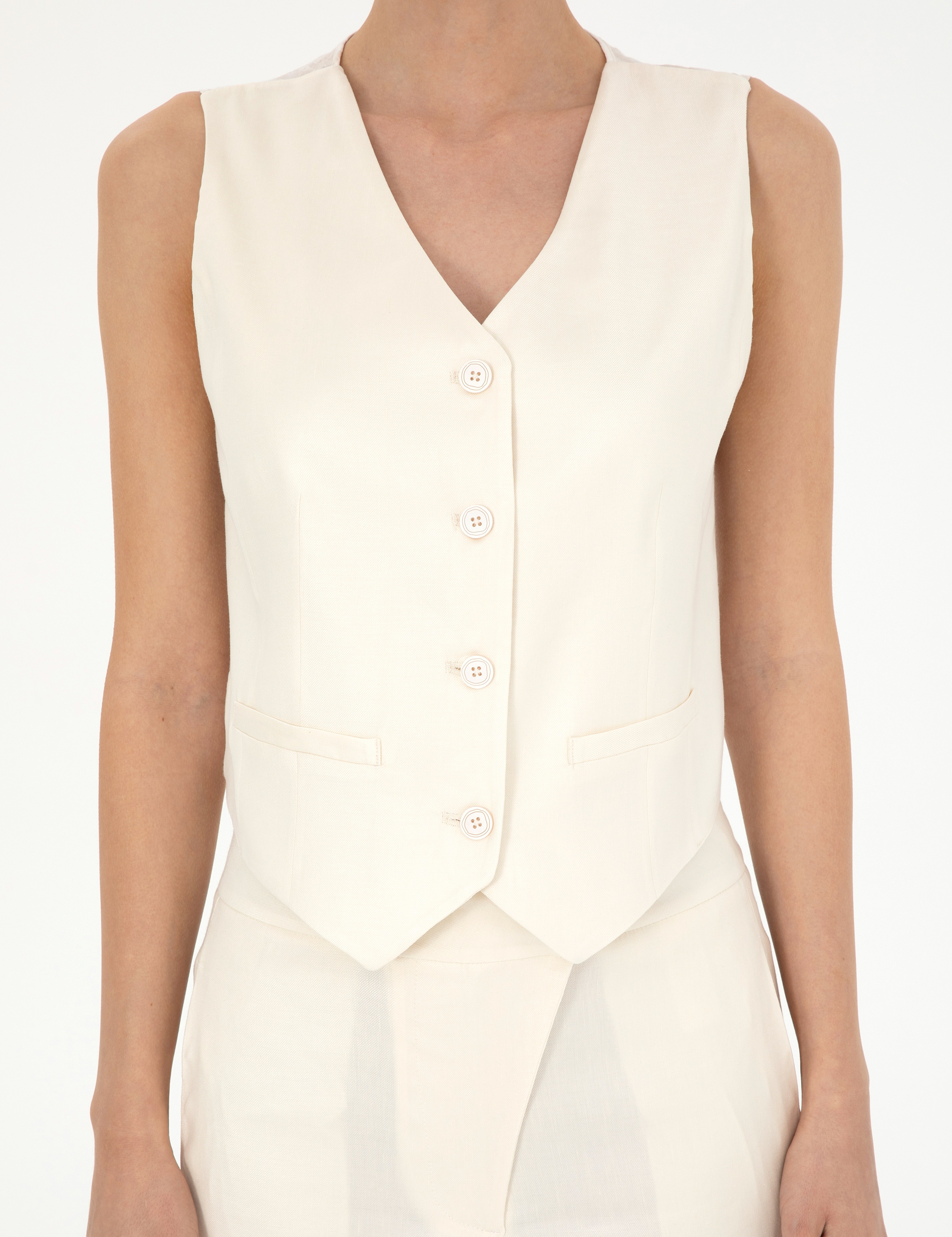 Ekru Regular Fit Keten Karışımlı Yelek - Image 6