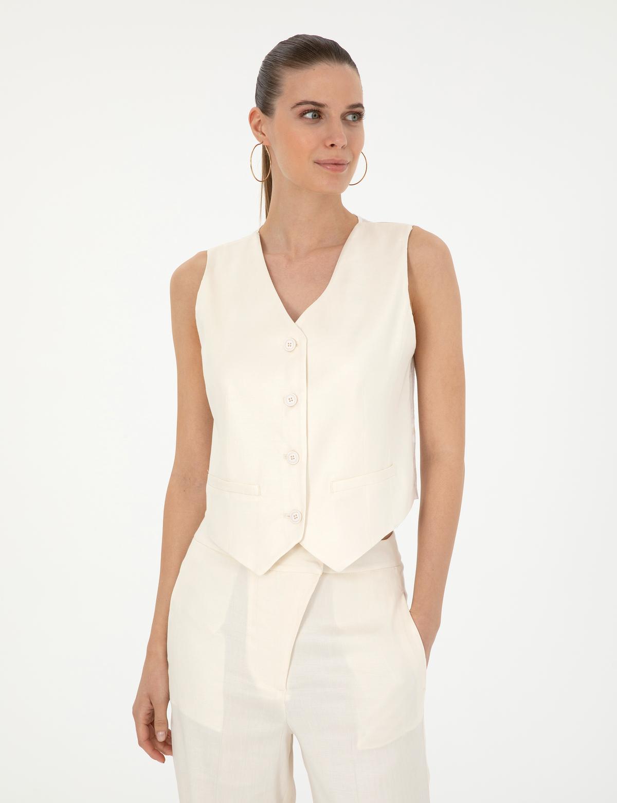 Ekru Regular Fit Keten Karışımlı Yelek - 50282083025