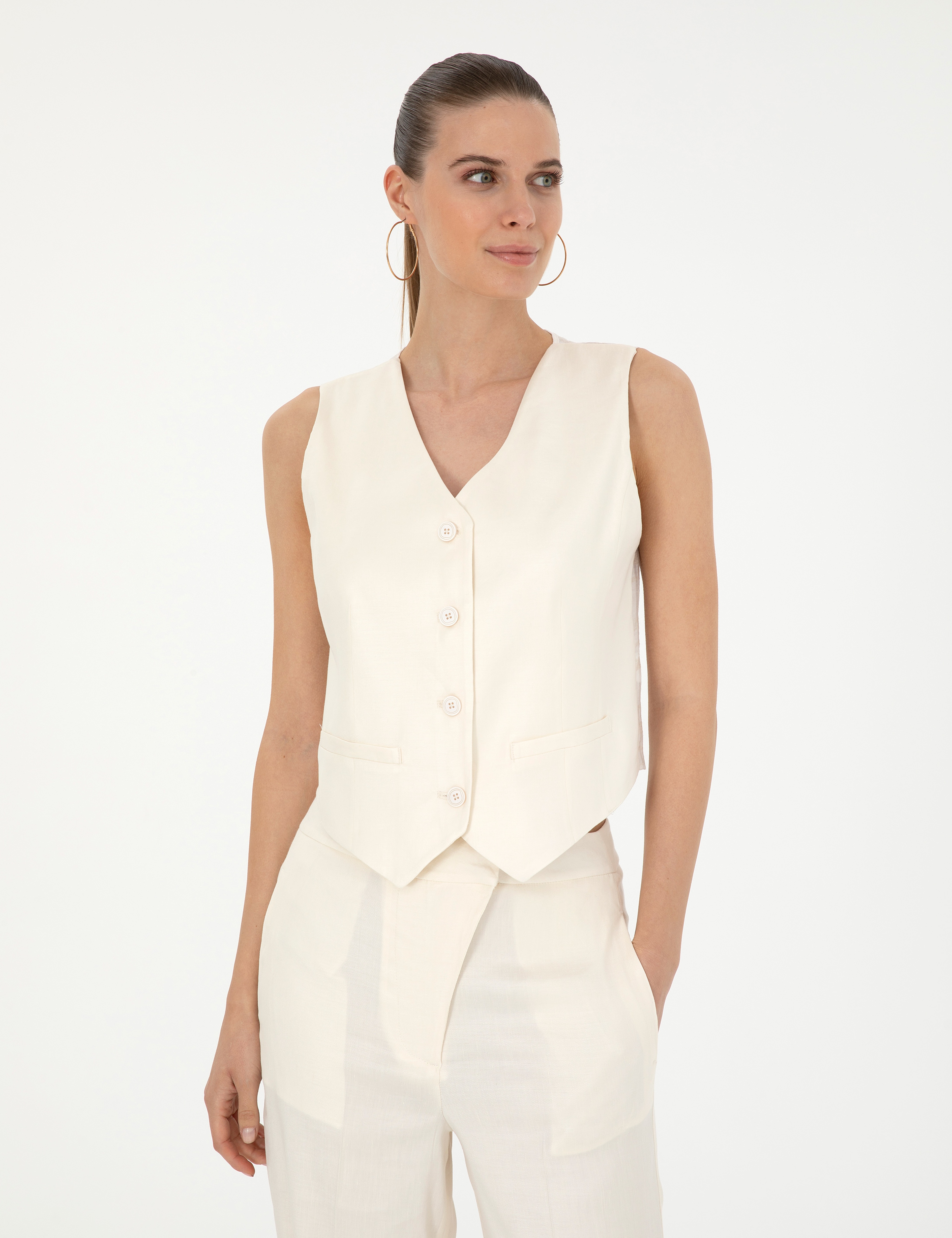 Ekru Regular Fit Keten Karışımlı Yelek - Image 3