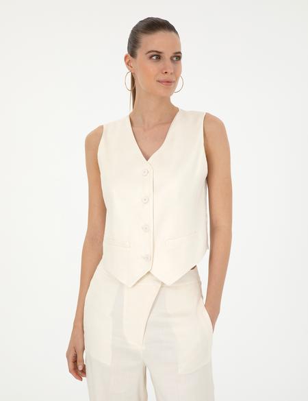Ekru Regular Fit Keten Karışımlı Yelek - 50282083025