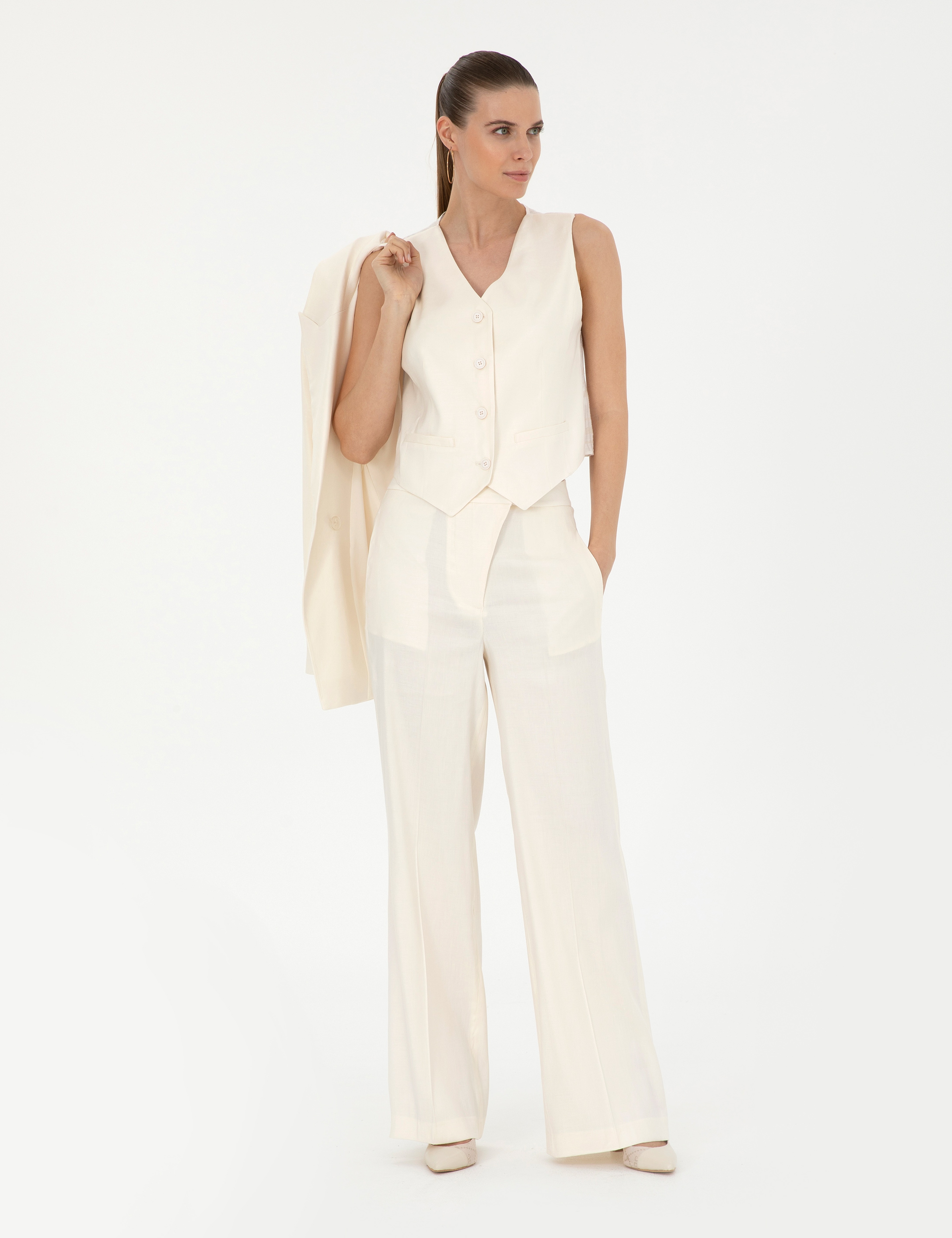 Ekru Regular Fit Keten Karışımlı Yelek - Image 4