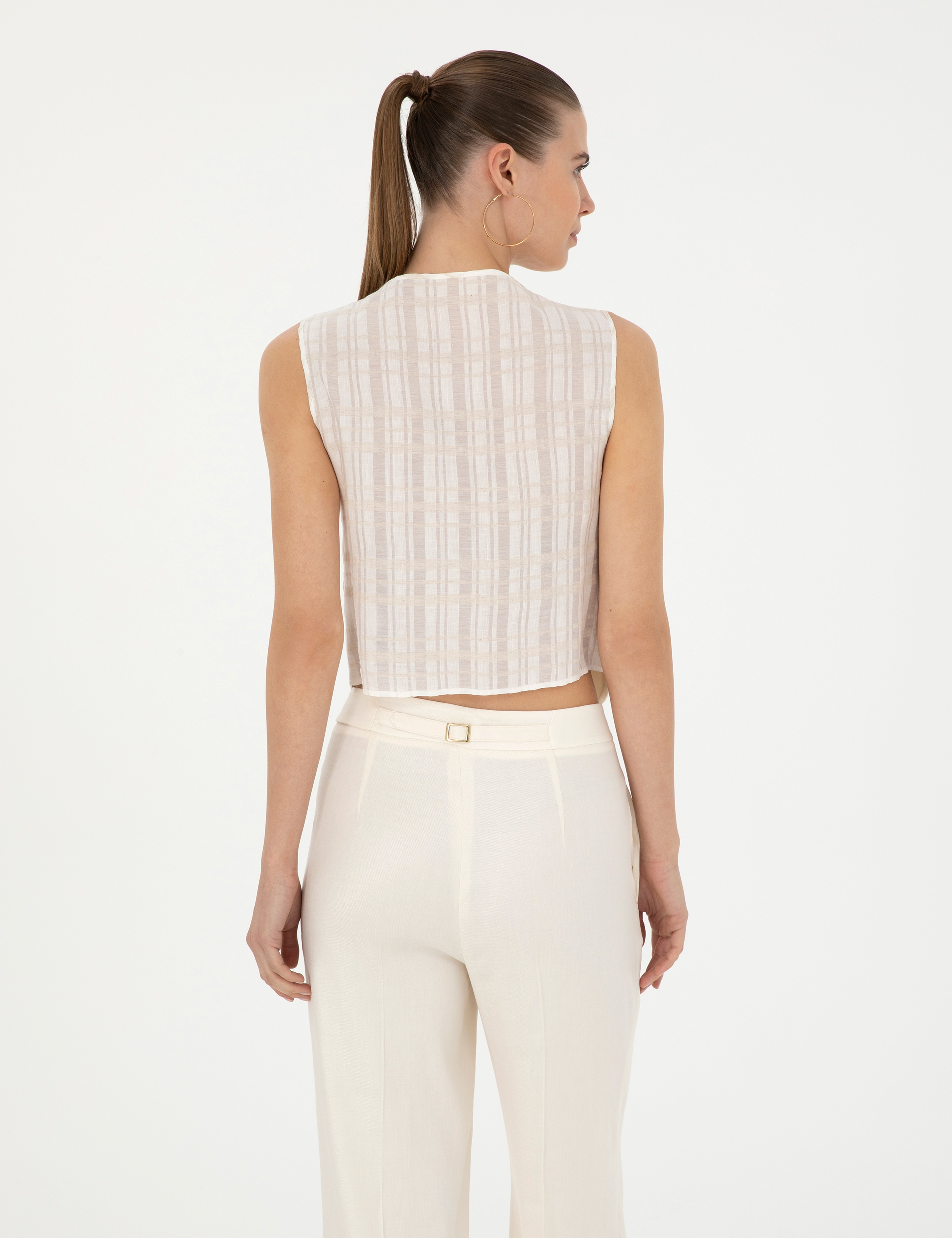 Ekru Regular Fit Keten Karışımlı Yelek - Image 5