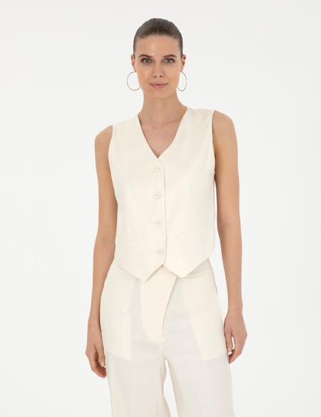 Ekru Regular Fit Keten Karışımlı Yelek - 50282083025