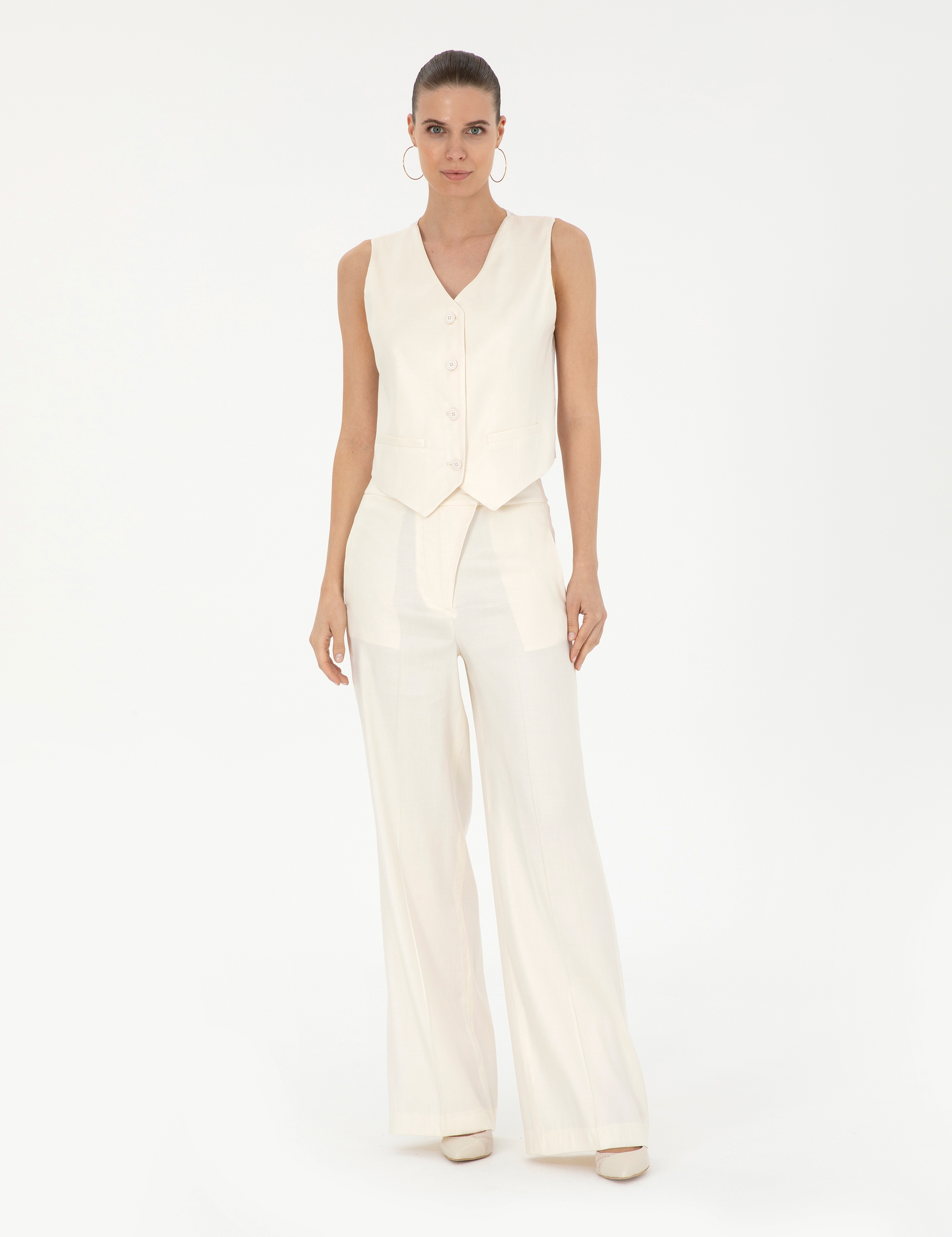 Ekru Keten Karışımlı Kumaş Pantolon - Image 3