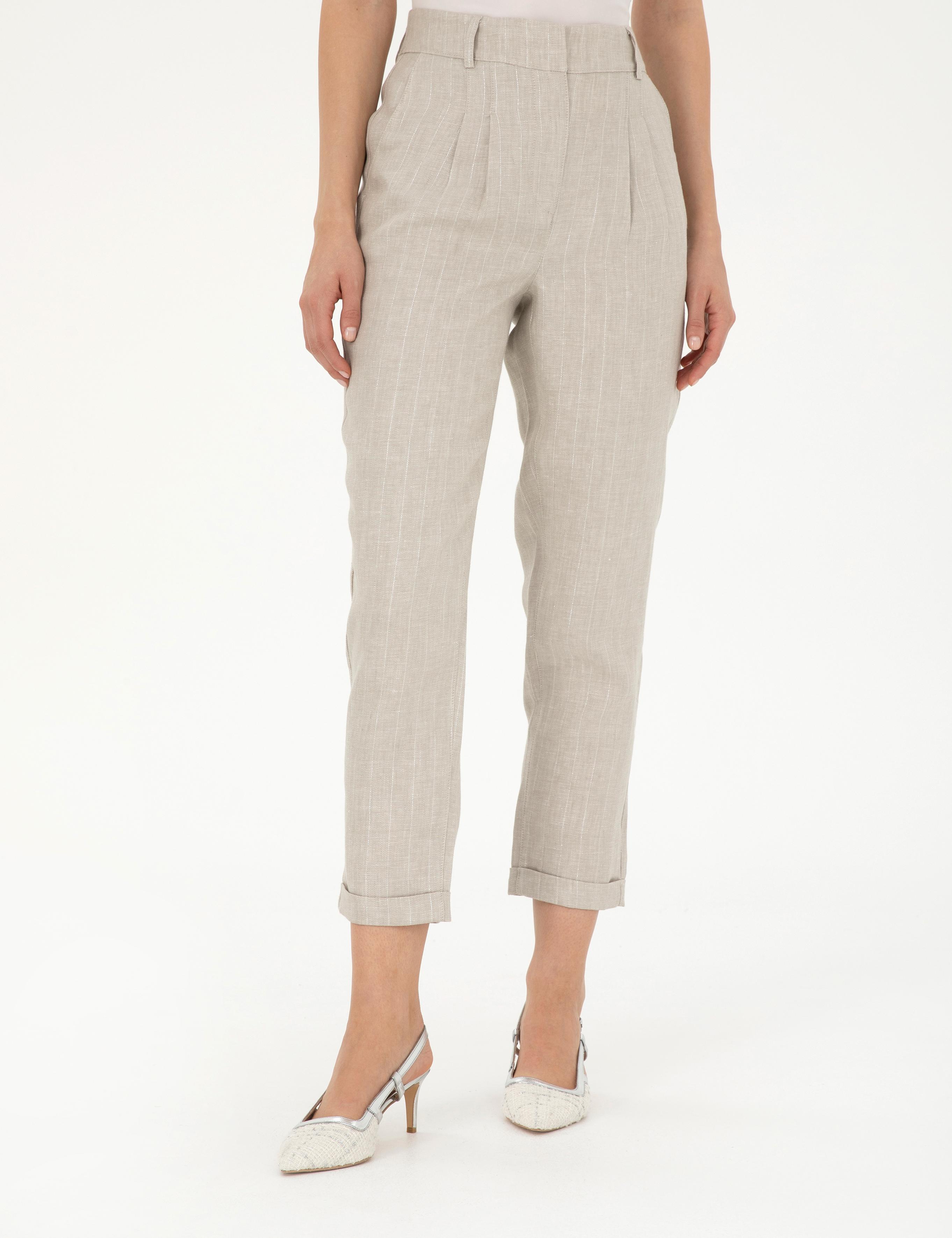 Bej Keten Karışımlı Carrot Fit Pantolon