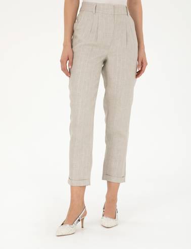 Bej Keten Karışımlı Carrot Fit Pantolon