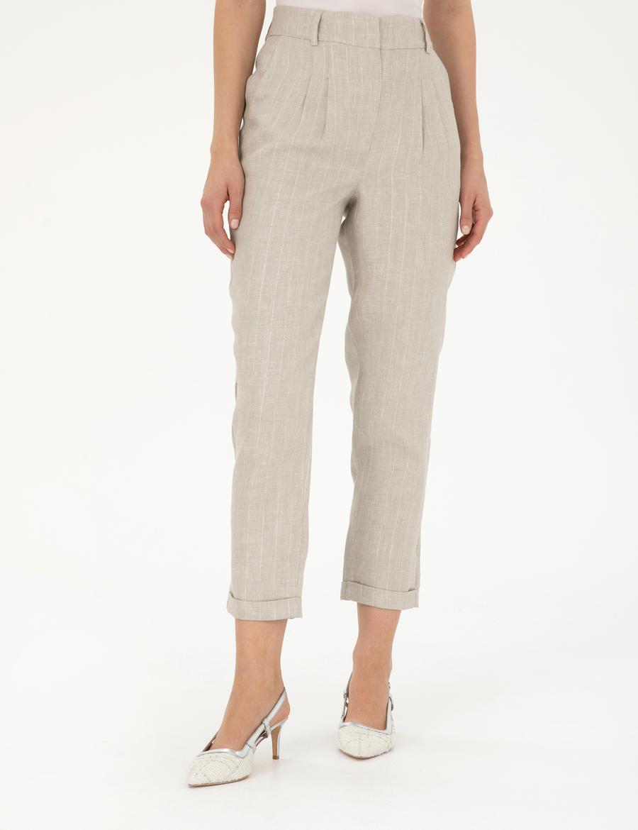 Bej Keten Karışımlı Carrot Fit Pantolon