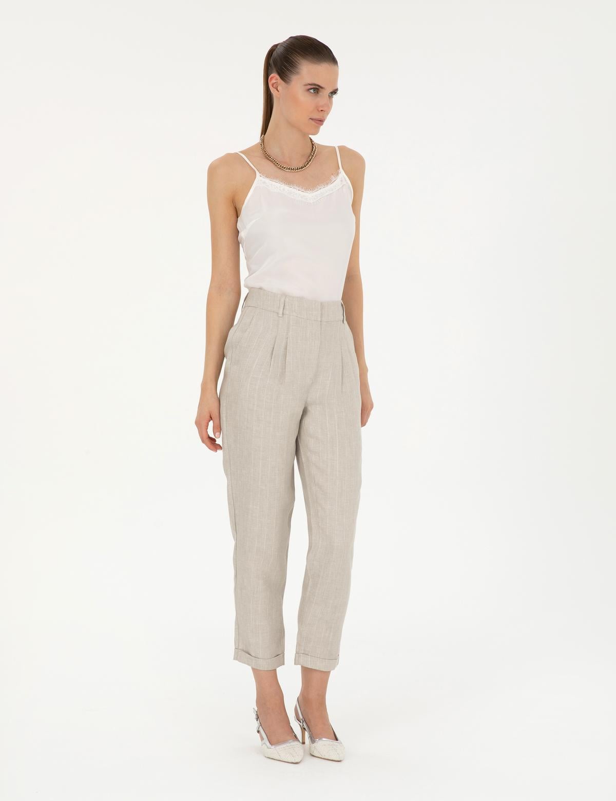 Bej Keten Karışımlı Carrot Fit Pantolon - 50285479005