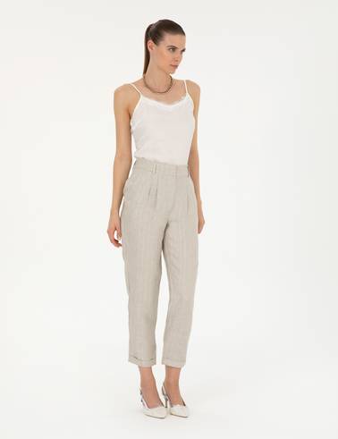 Bej Keten Karışımlı Carrot Fit Pantolon