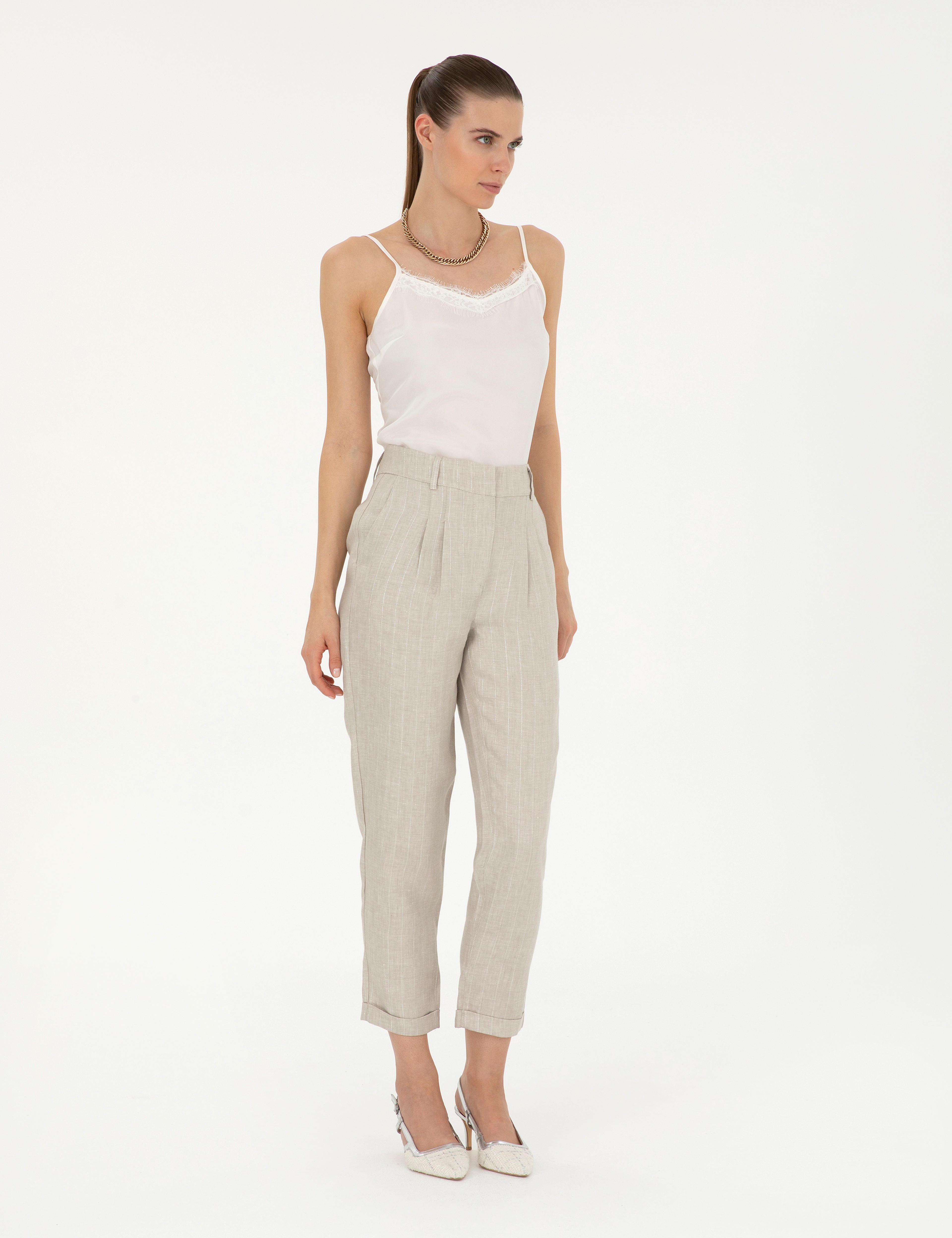 Bej Keten Karışımlı Carrot Fit Pantolon - Image 3