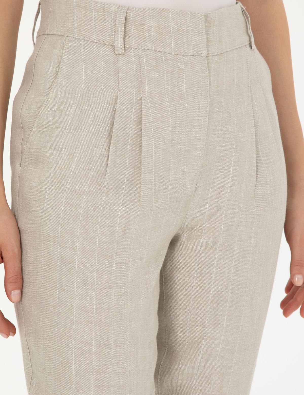 Bej Keten Karışımlı Carrot Fit Pantolon - 50285479005