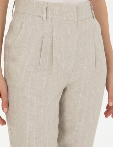Bej Keten Karışımlı Carrot Fit Pantolon