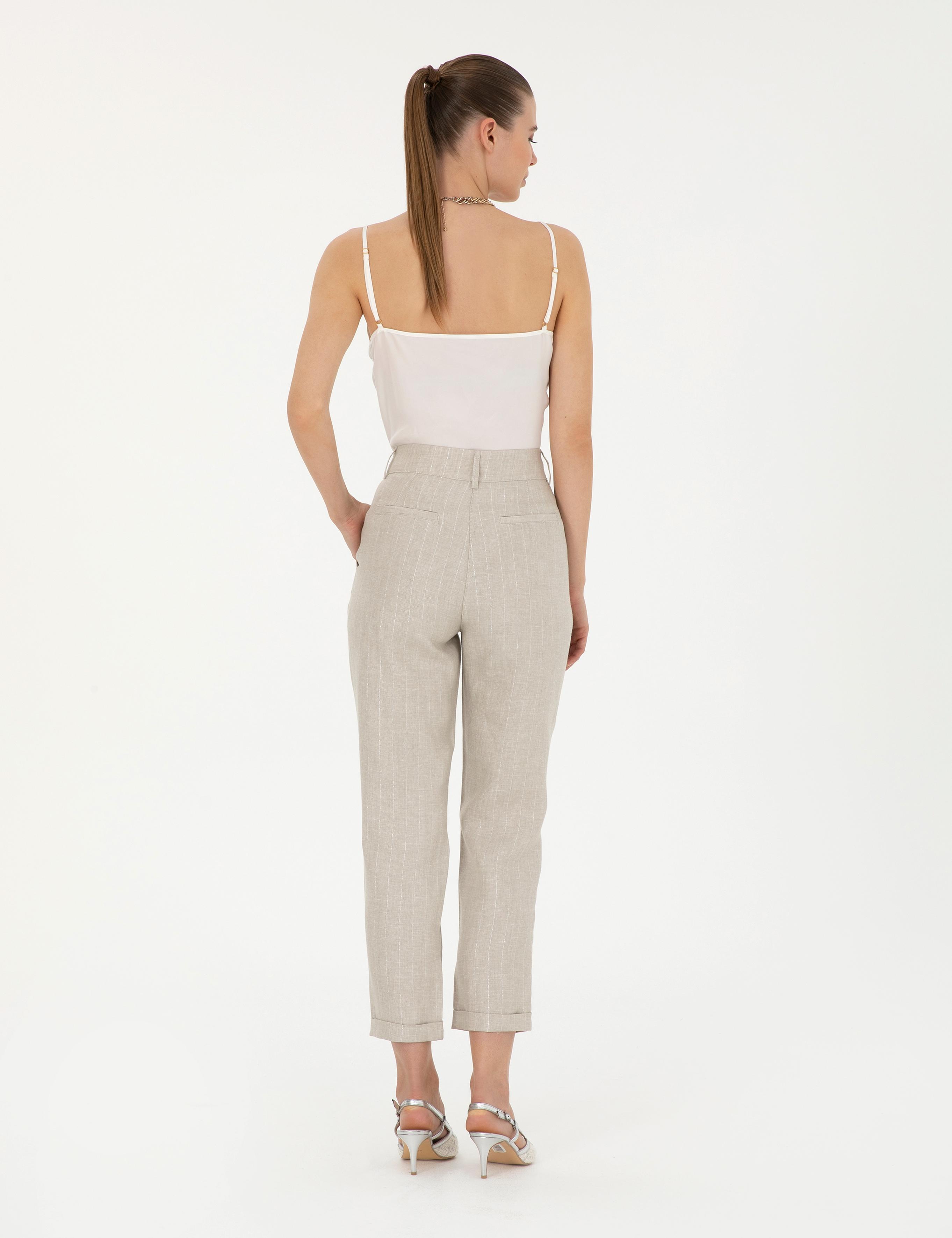 Bej Keten Karışımlı Carrot Fit Pantolon