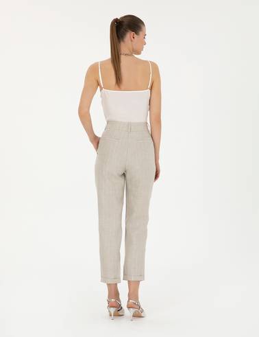 Bej Keten Karışımlı Carrot Fit Pantolon