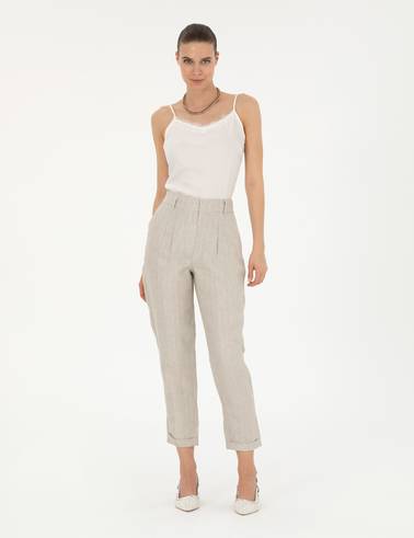 Bej Keten Karışımlı Carrot Fit Pantolon