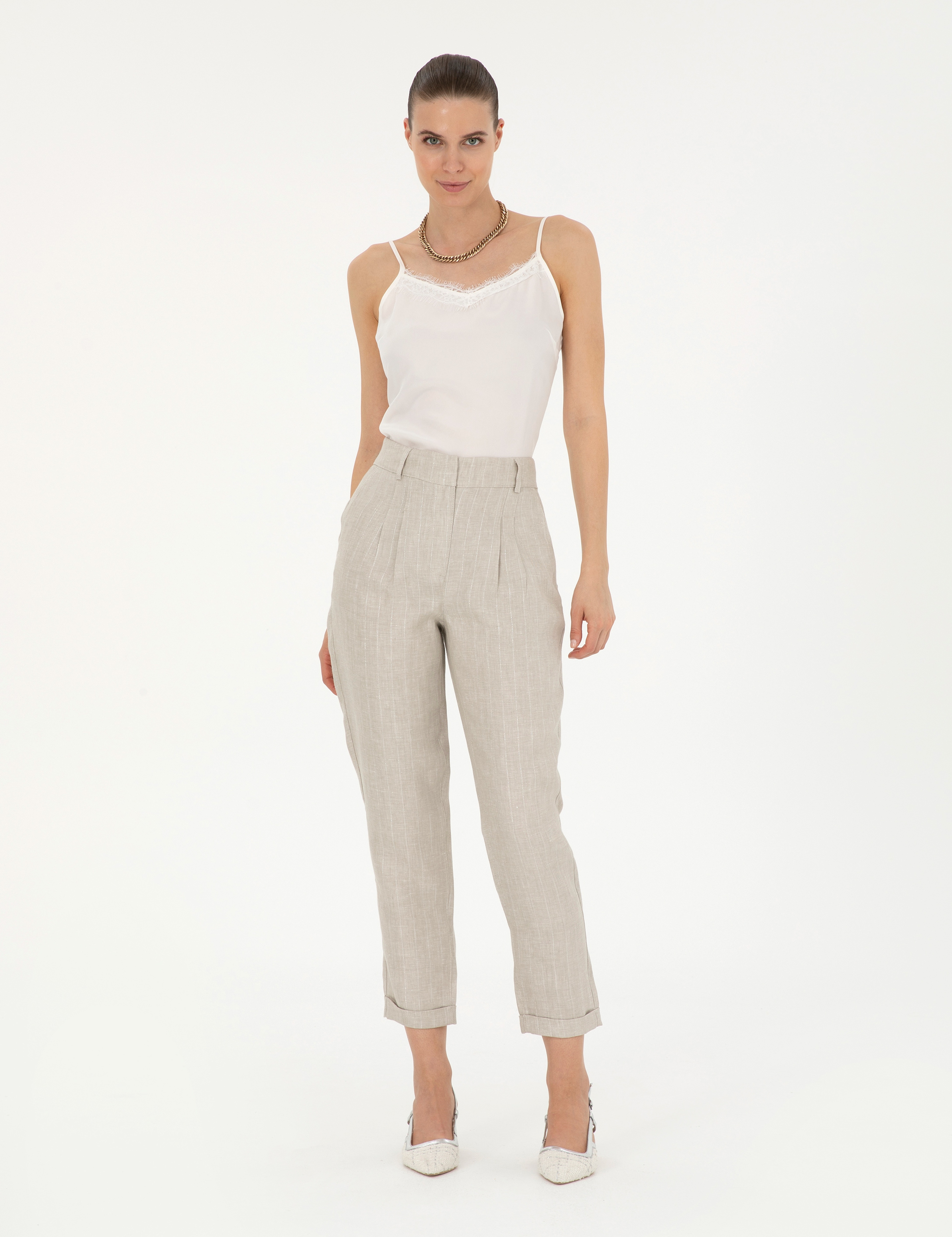 Bej Keten Karışımlı Carrot Fit Pantolon - Image 1