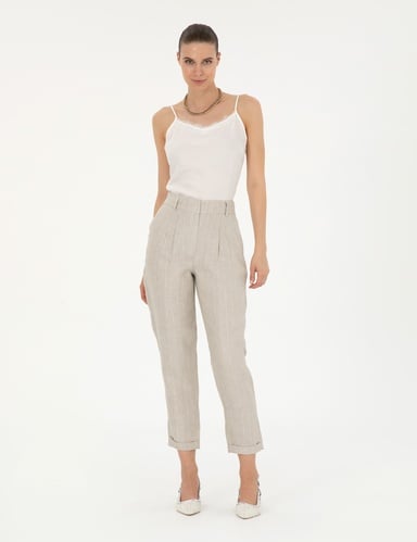 Bej Keten Karışımlı Carrot Fit Pantolon