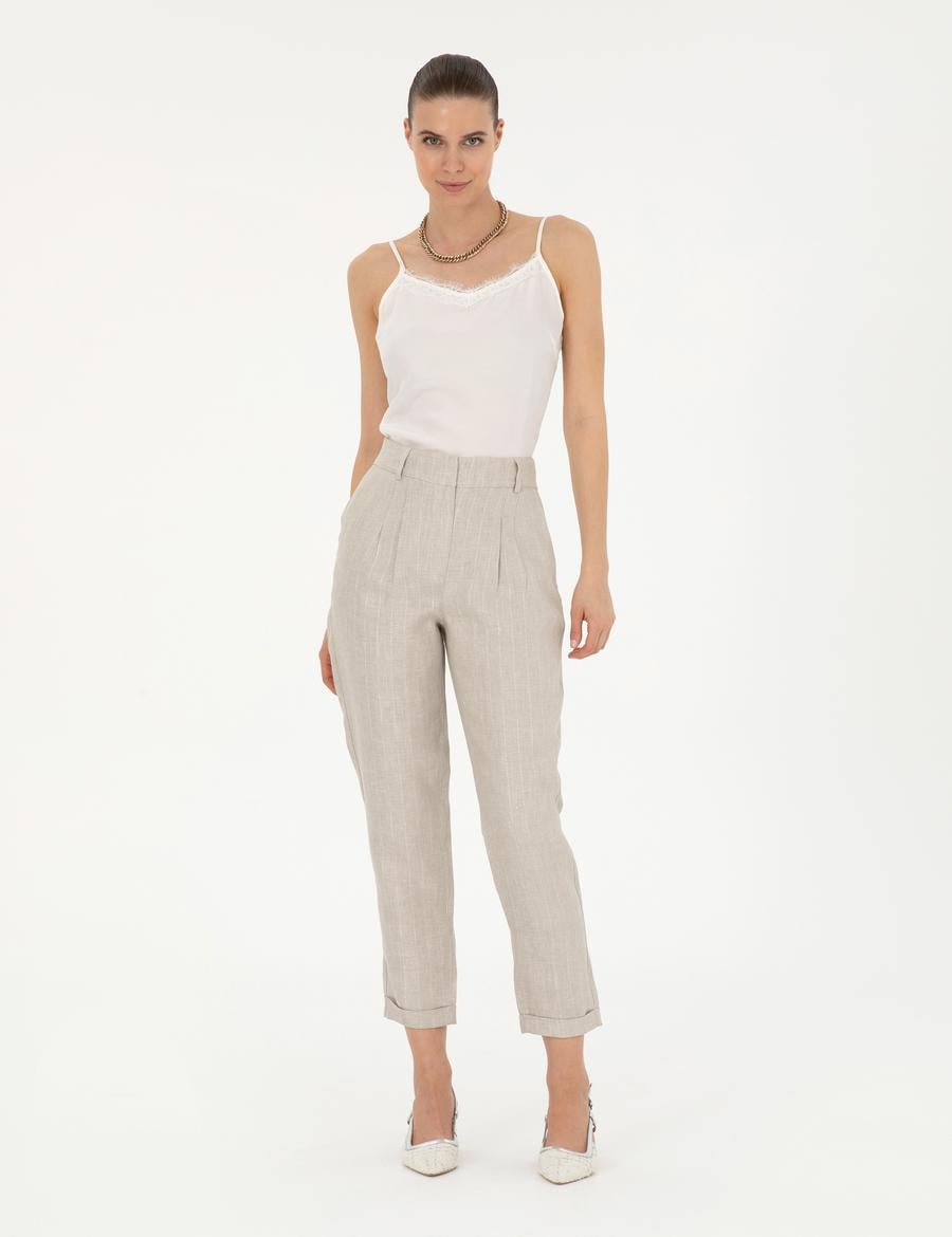 Bej Keten Karışımlı Carrot Fit Pantolon
