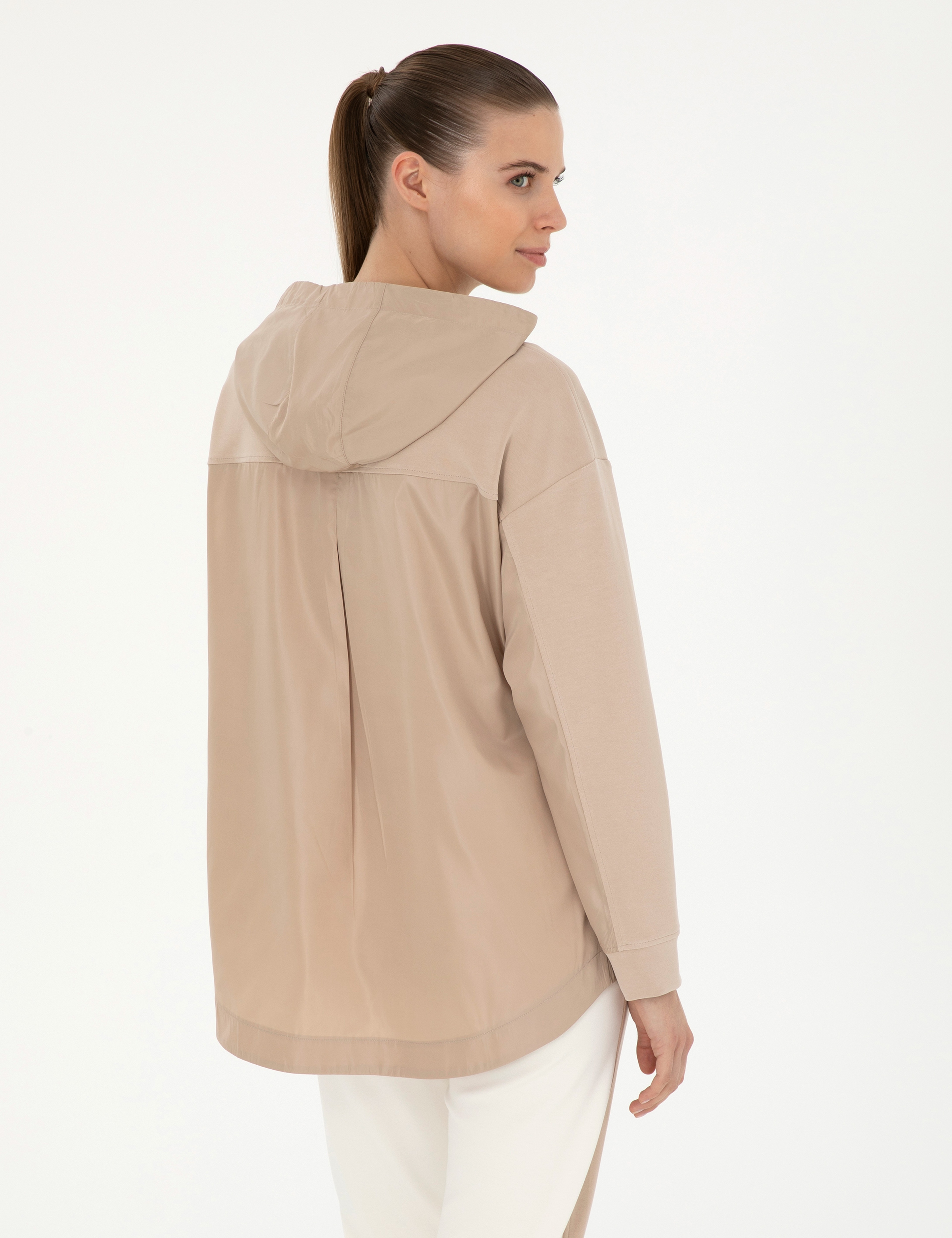 Bej Oversize Kapüşonlu Modal Kumaş Sweatshirt - Image 5