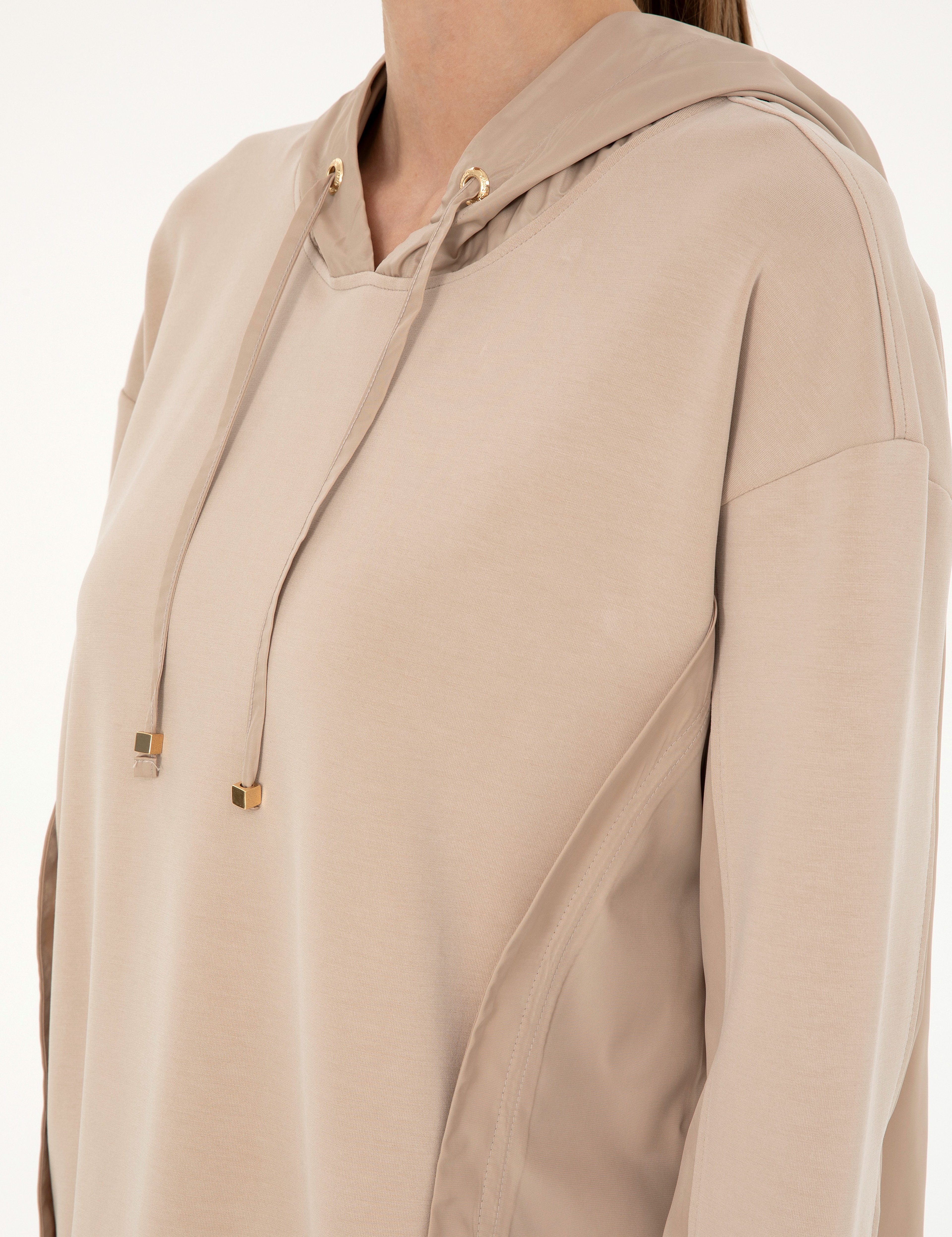 Bej Oversize Kapüşonlu Modal Kumaş Sweatshirt - Image 7