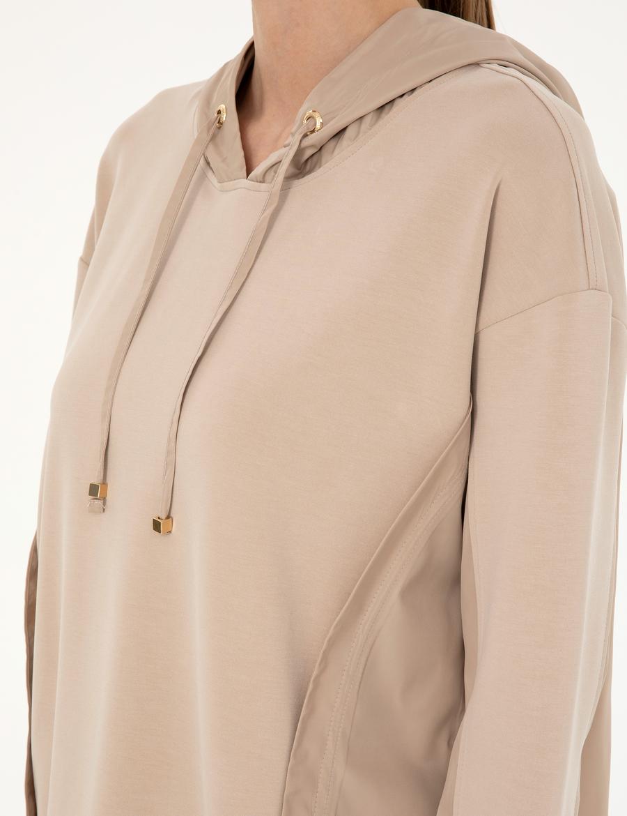 Bej Oversize Kapüşonlu Modal Kumaş Sweatshirt