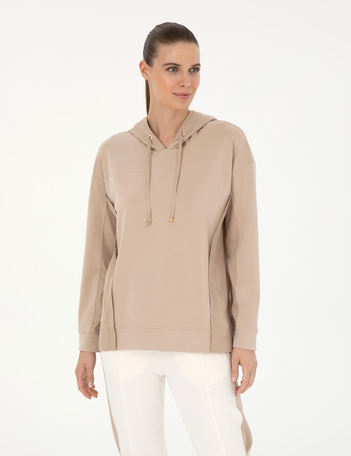 Bej Oversize Kapüşonlu Modal Kumaş Sweatshirt