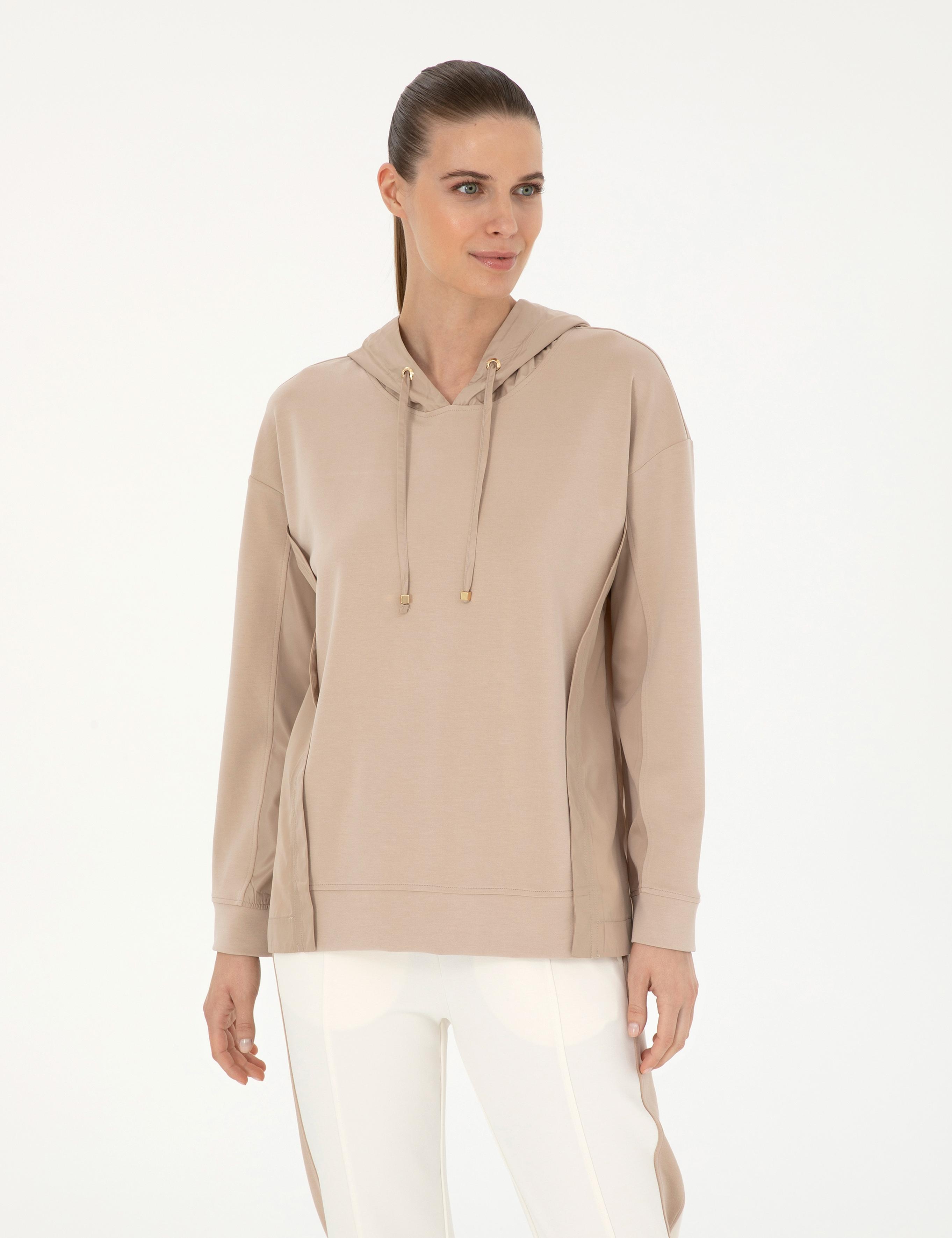 Bej Oversize Kapüşonlu Modal Kumaş Sweatshirt