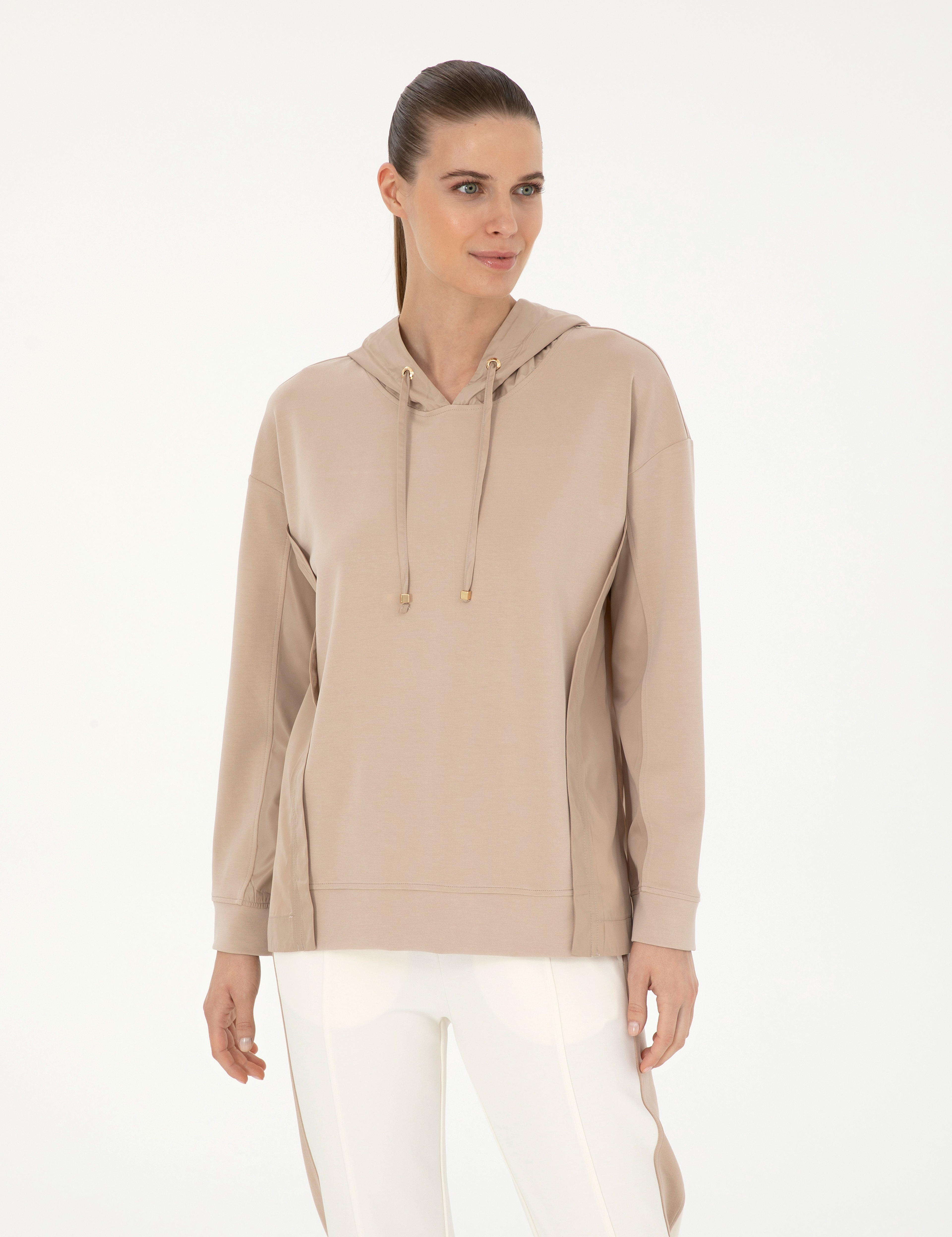 Bej Oversize Kapüşonlu Modal Kumaş Sweatshirt - Image 1