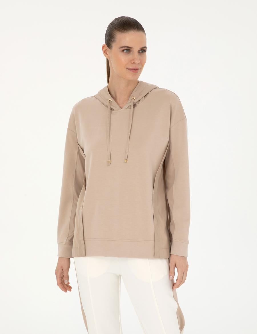 Bej Oversize Kapüşonlu Modal Kumaş Sweatshirt