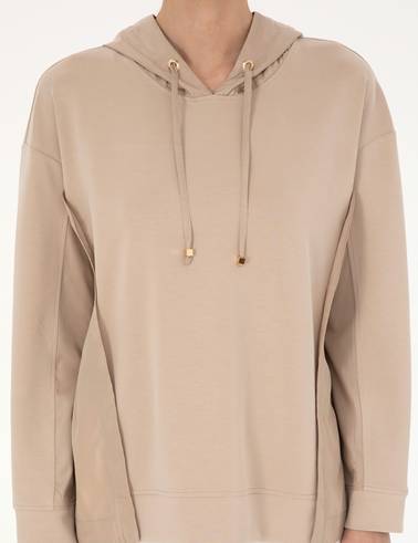 Bej Oversize Kapüşonlu Modal Kumaş Sweatshirt