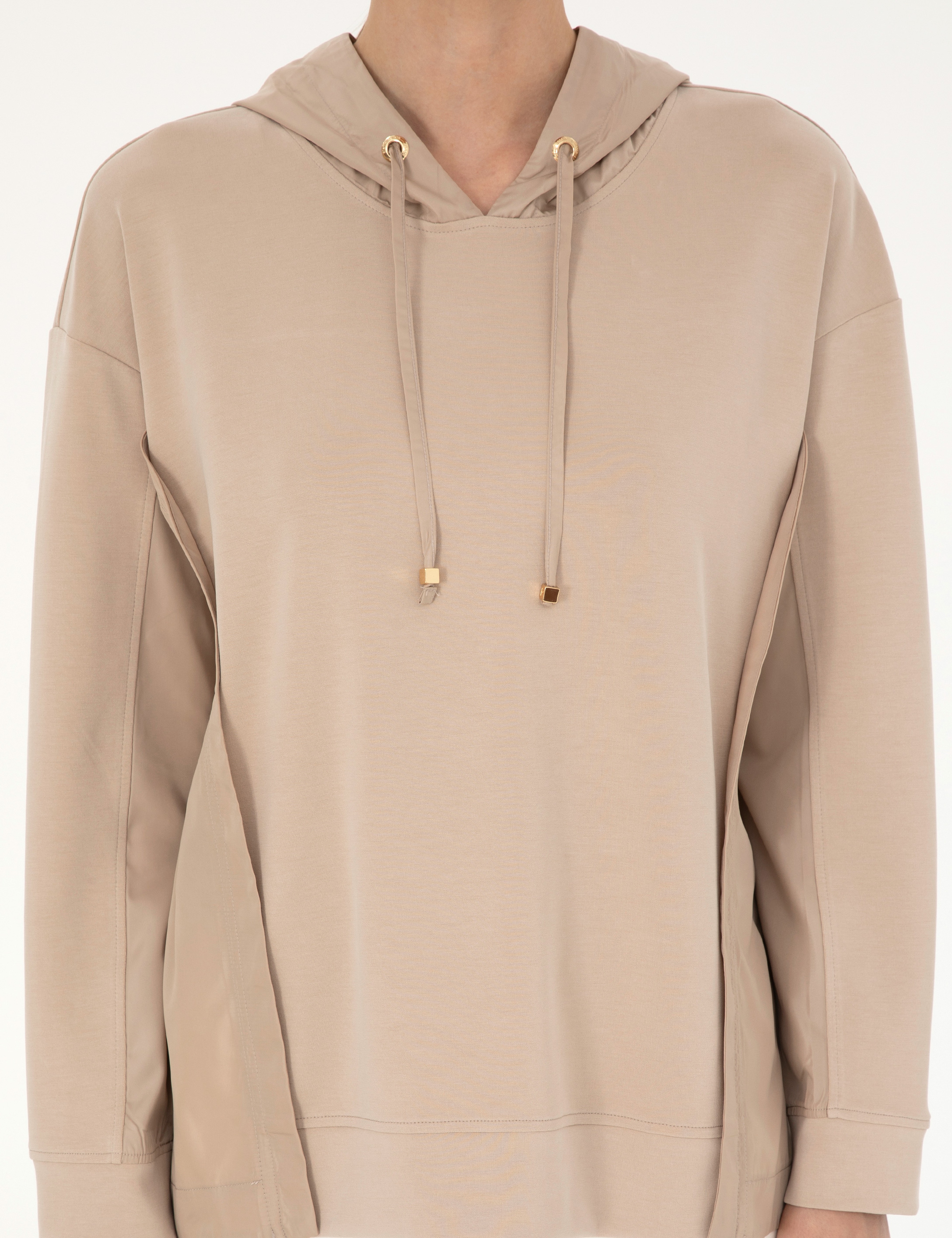 Bej Oversize Kapüşonlu Modal Kumaş Sweatshirt - Image 6