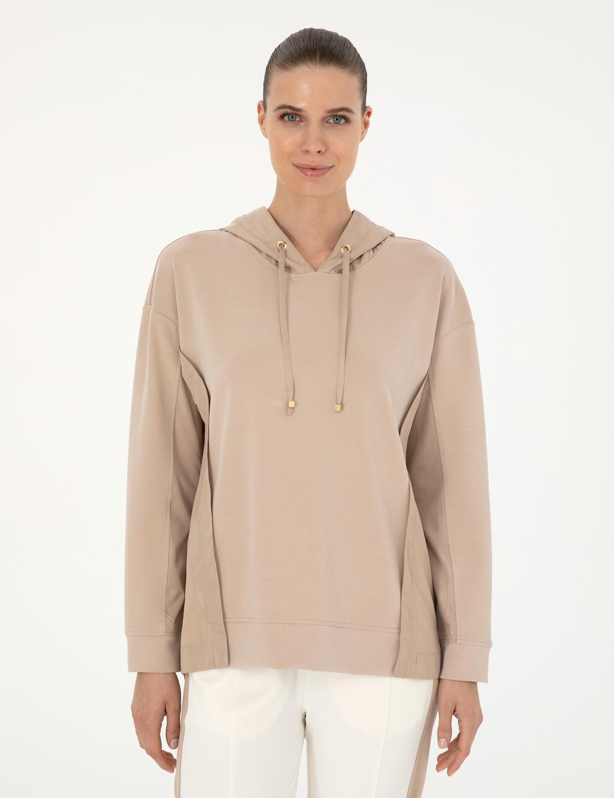 Bej Oversize Kapüşonlu Modal Kumaş Sweatshirt - 50283295004