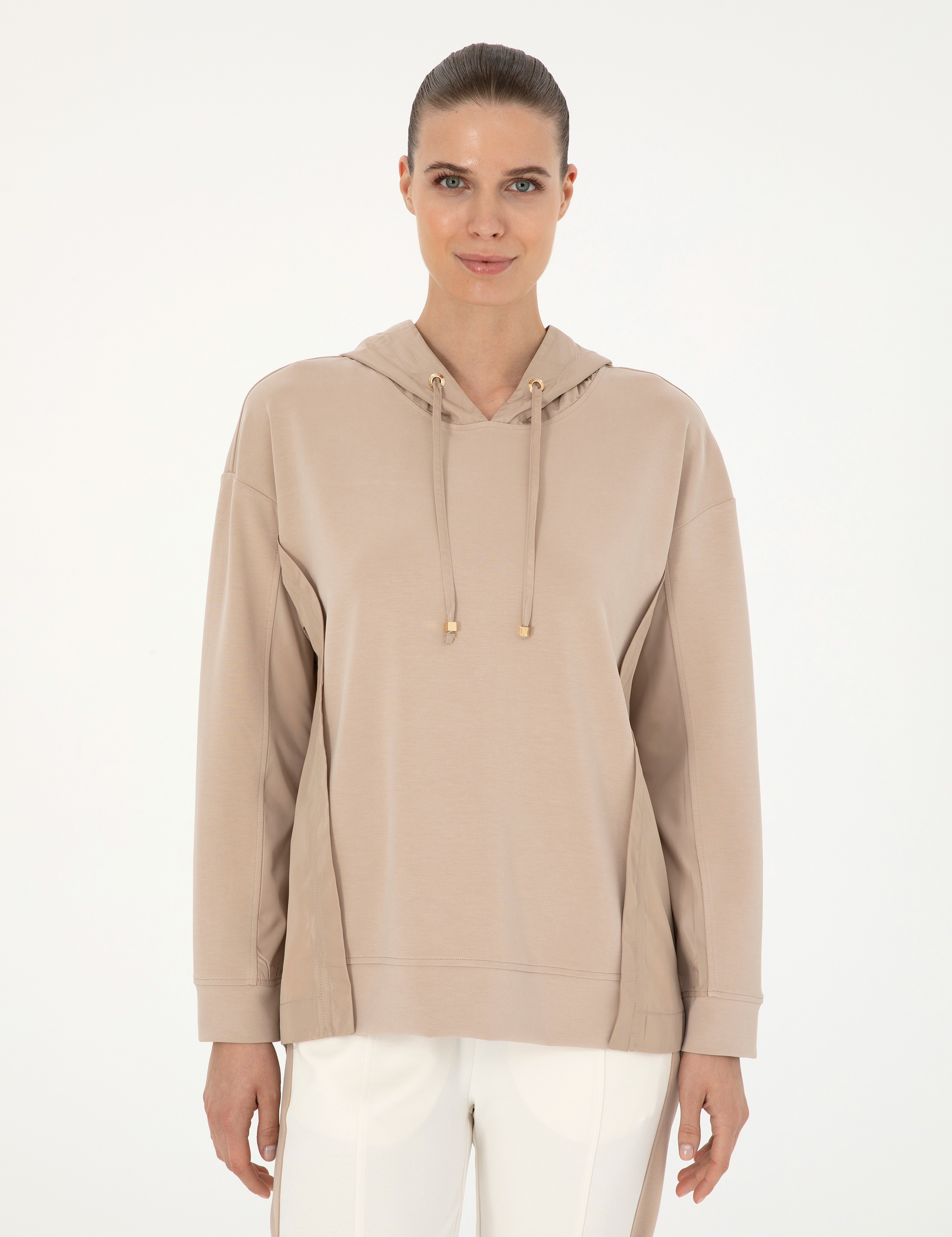 Bej Oversize Kapüşonlu Modal Kumaş Sweatshirt - Image 3